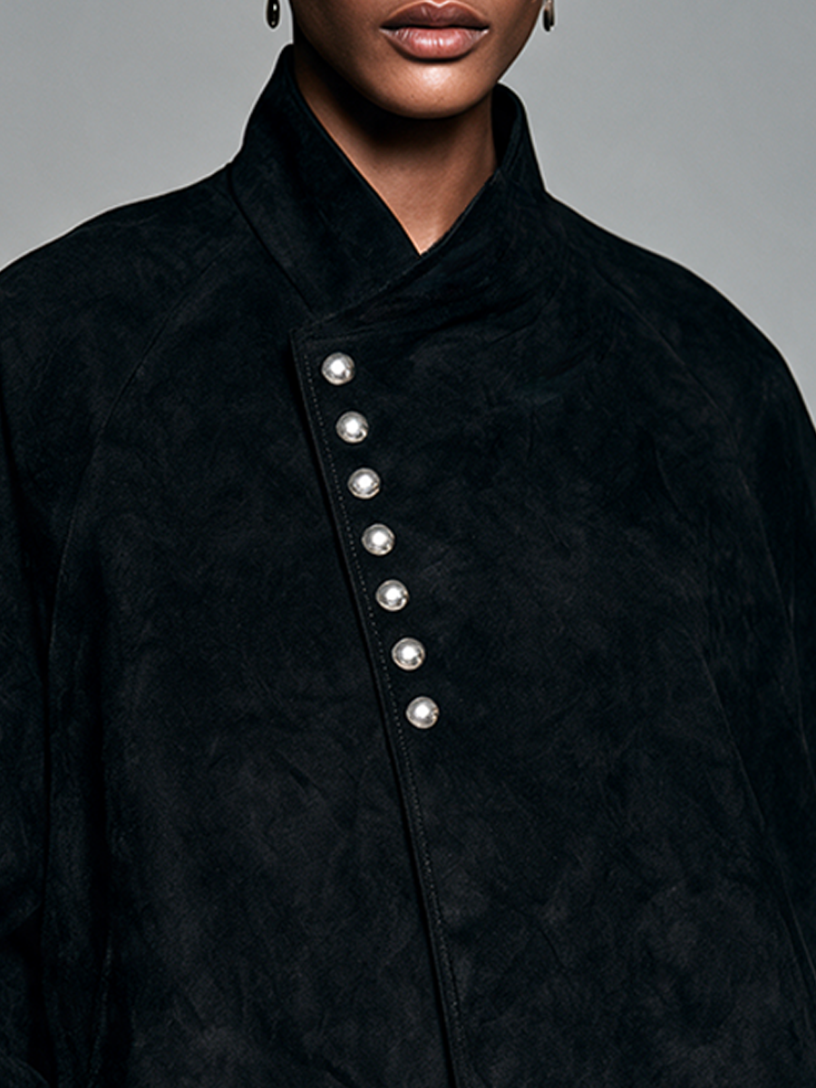 Women's Button Detail Elegant Suede Stand Collar Jacket MDZ0365I2GMJ