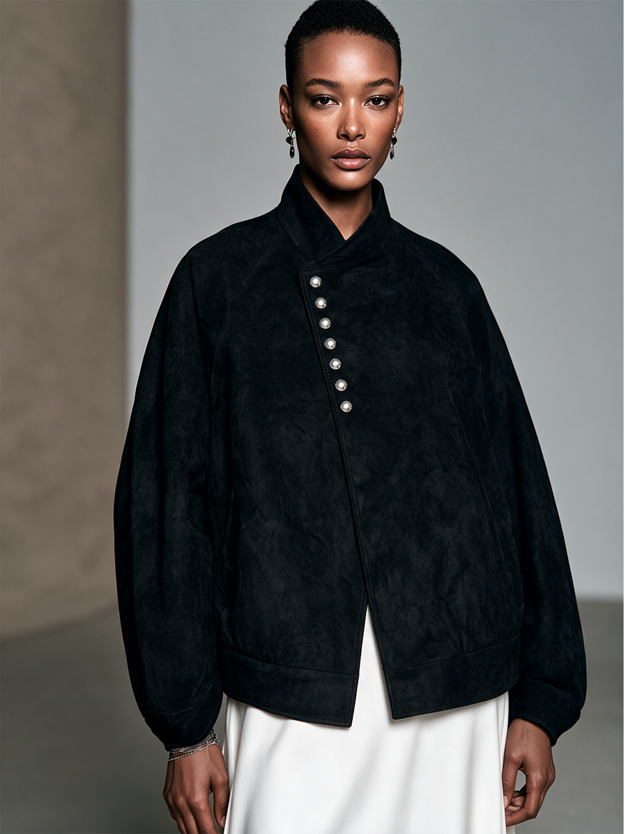 Women's Button Detail Elegant Suede Stand Collar Jacket MDZ0365I2GMJ