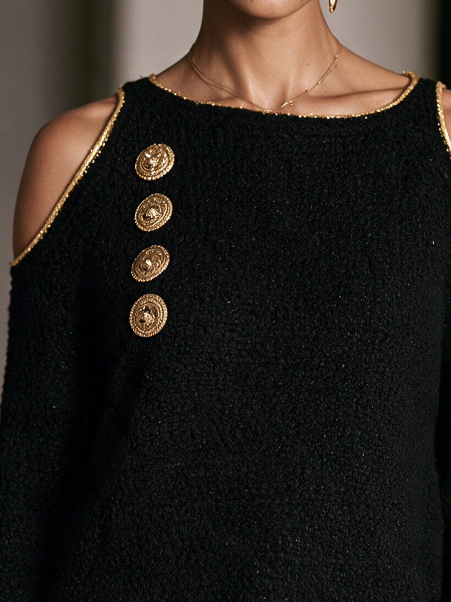 Women's Cold-Shoulder Elegant Metallic Knit Round Neck Sweater MDZ0390I5GMJ