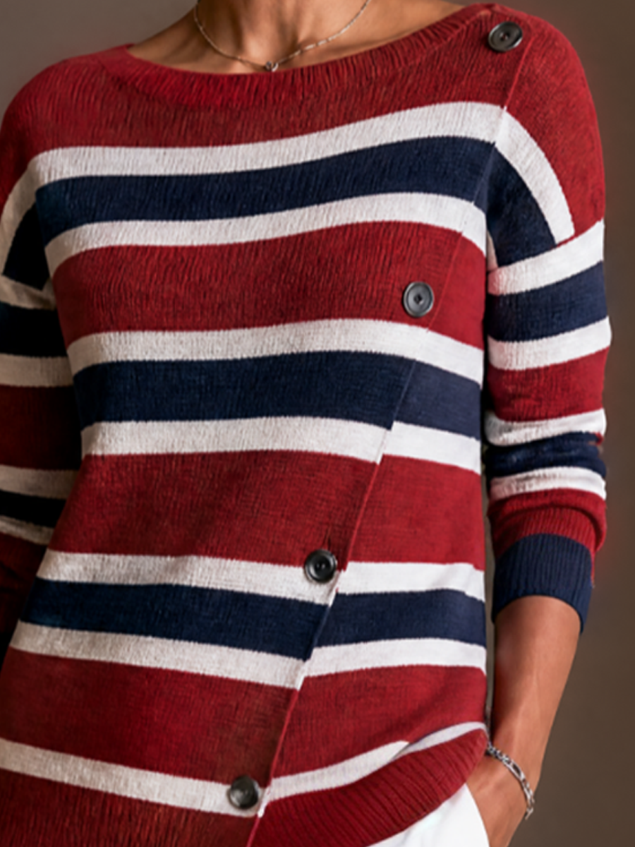 Women's Contrast Stripe Casual Knit Asymmetric Placket Sweater MDZ0399I0GMJ