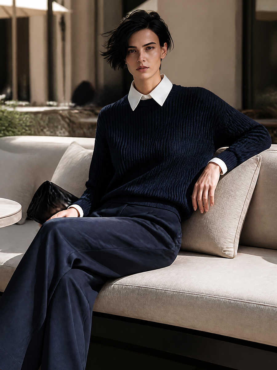 Women's Faux-Layered Knit Top With Shirt Collar MDZ0463I2ZRK