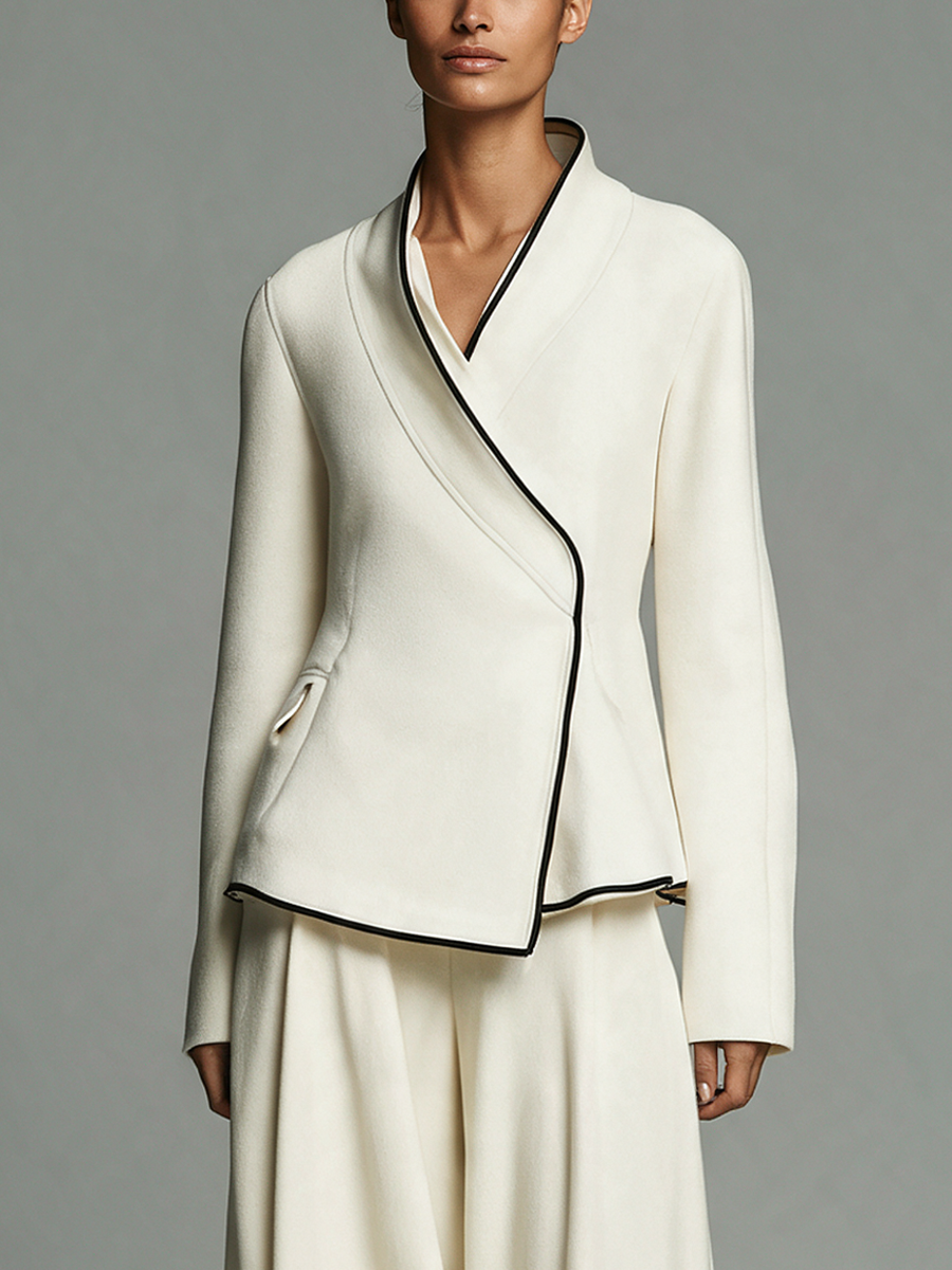 Women's Off‑White Asymmetric Wrap Jacket With Contrast Piping MDZ0442I3R