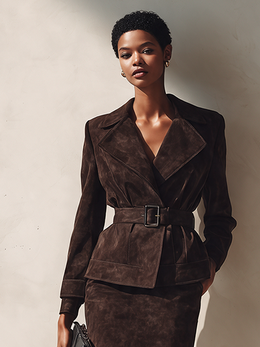 Women's Elegant Suede Skirt Set With Lapel Jacket And Belt MDZ0433I5ZRK