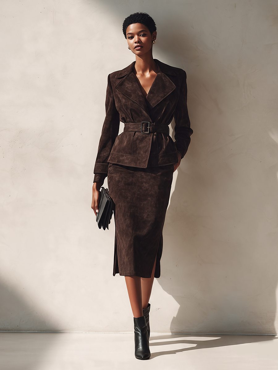 Women's Elegant Suede Skirt Set With Lapel Jacket And Belt MDZ0433I5ZRK
