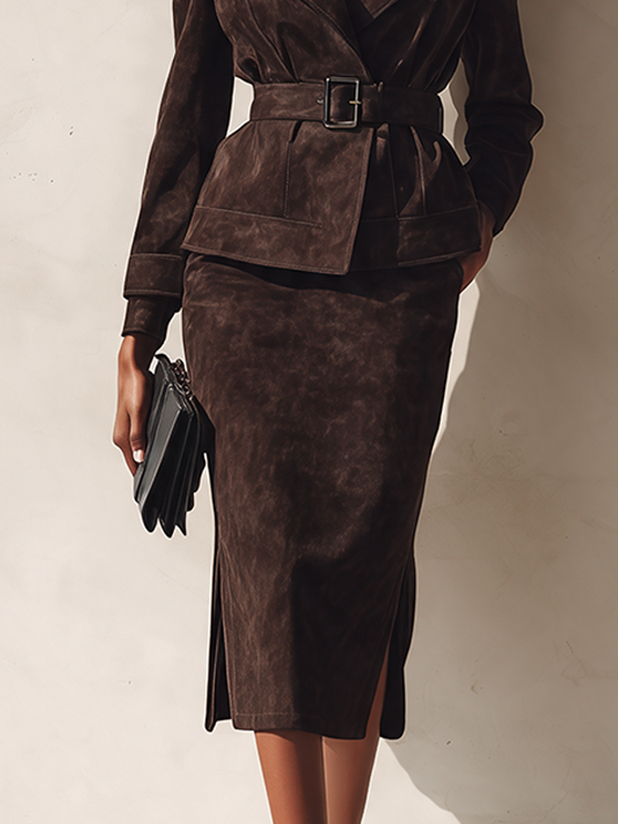 Women's Elegant Suede Skirt Set With Lapel Jacket And Belt MDZ0433I5ZRK