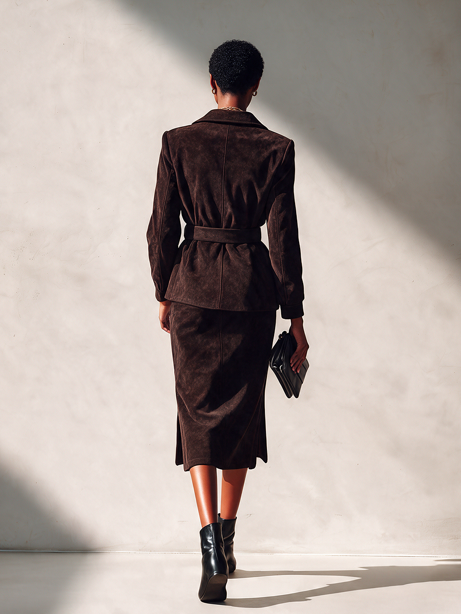 Women's Elegant Suede Skirt Set With Lapel Jacket And Belt MDZ0433I5ZRK