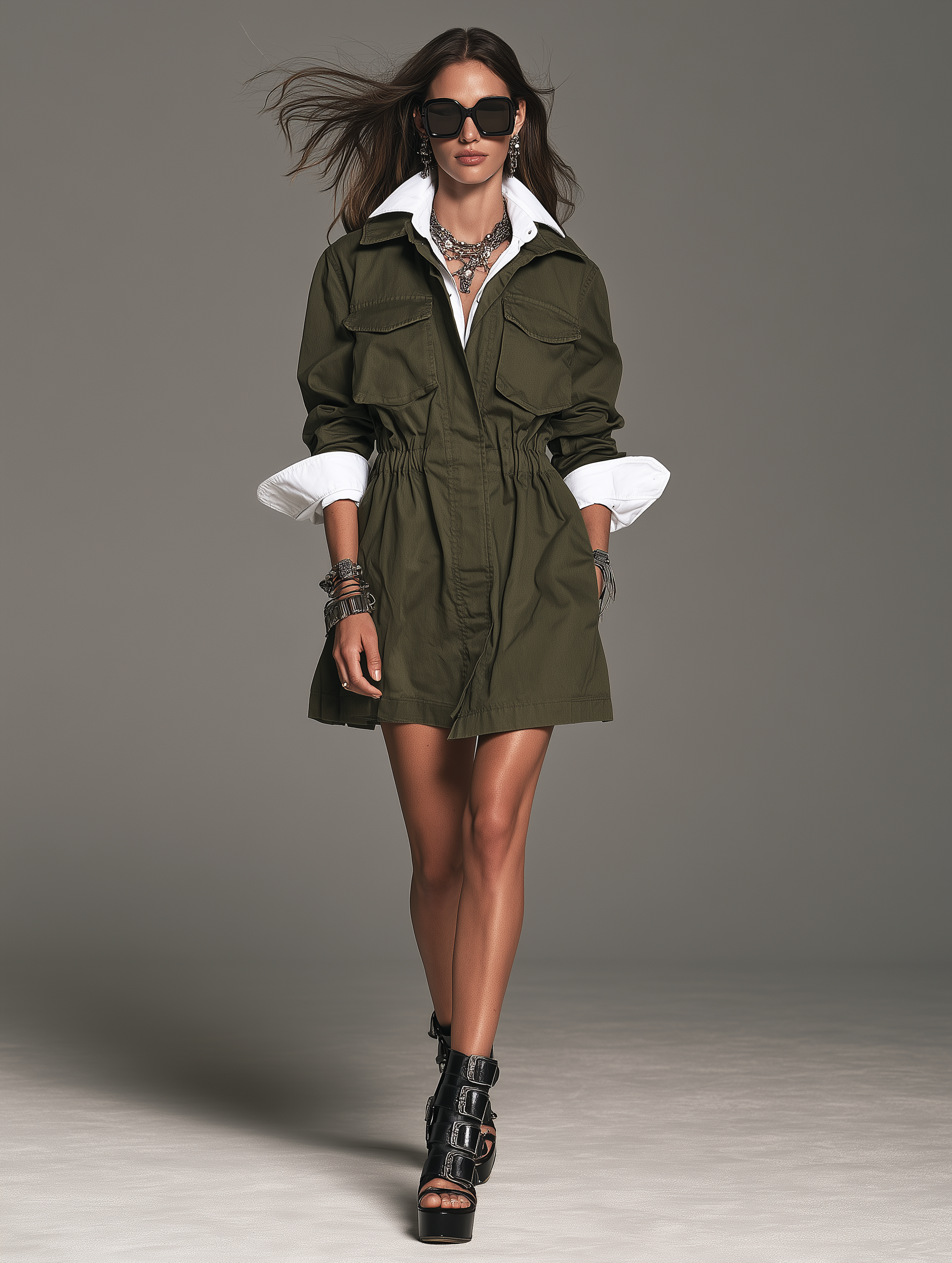 Women's Casual Army Green Long-Sleeve Jacket With Faux-Layered Woven Panel Detail MDZ0413I3LXY