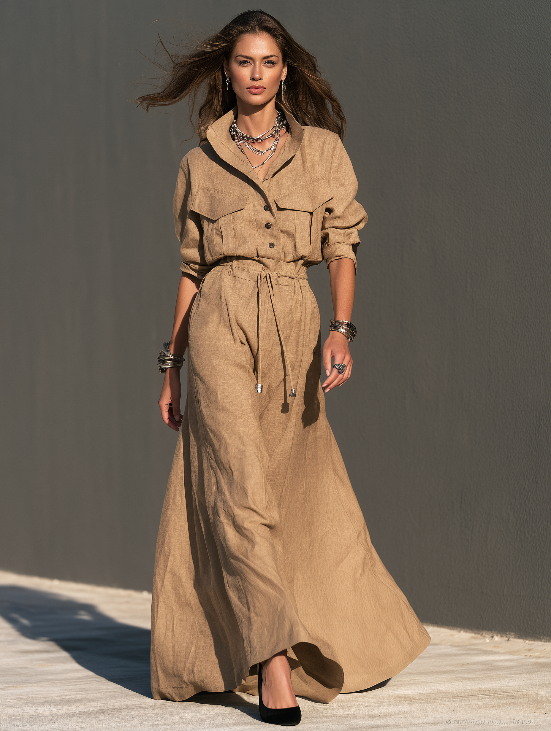 Women's Casual Khaki Woven Long-Sleeve Maxi Dress MDZ0489I1LXY