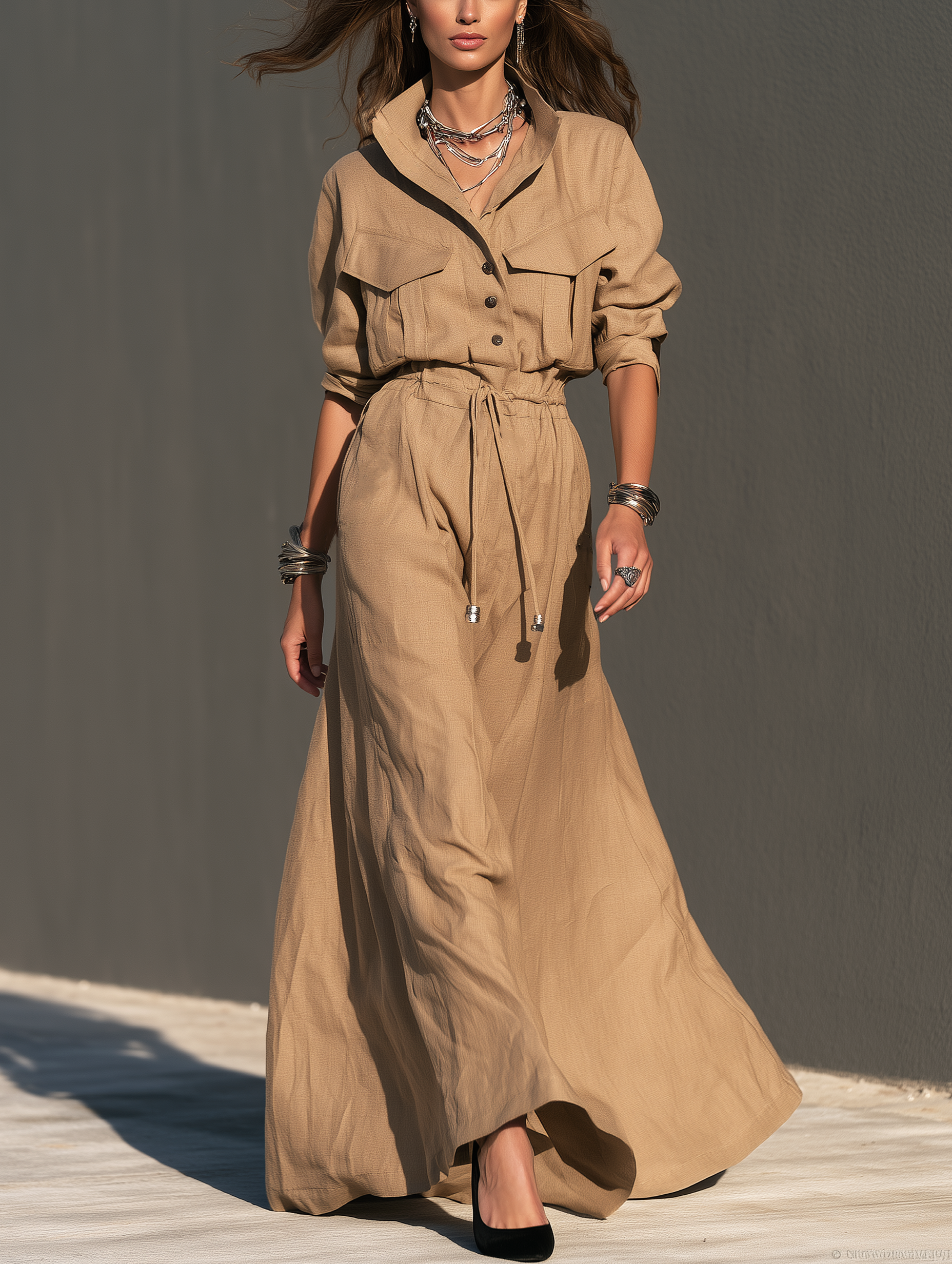 Women's Casual Khaki Woven Long-Sleeve Maxi Dress MDZ0489I1LXY