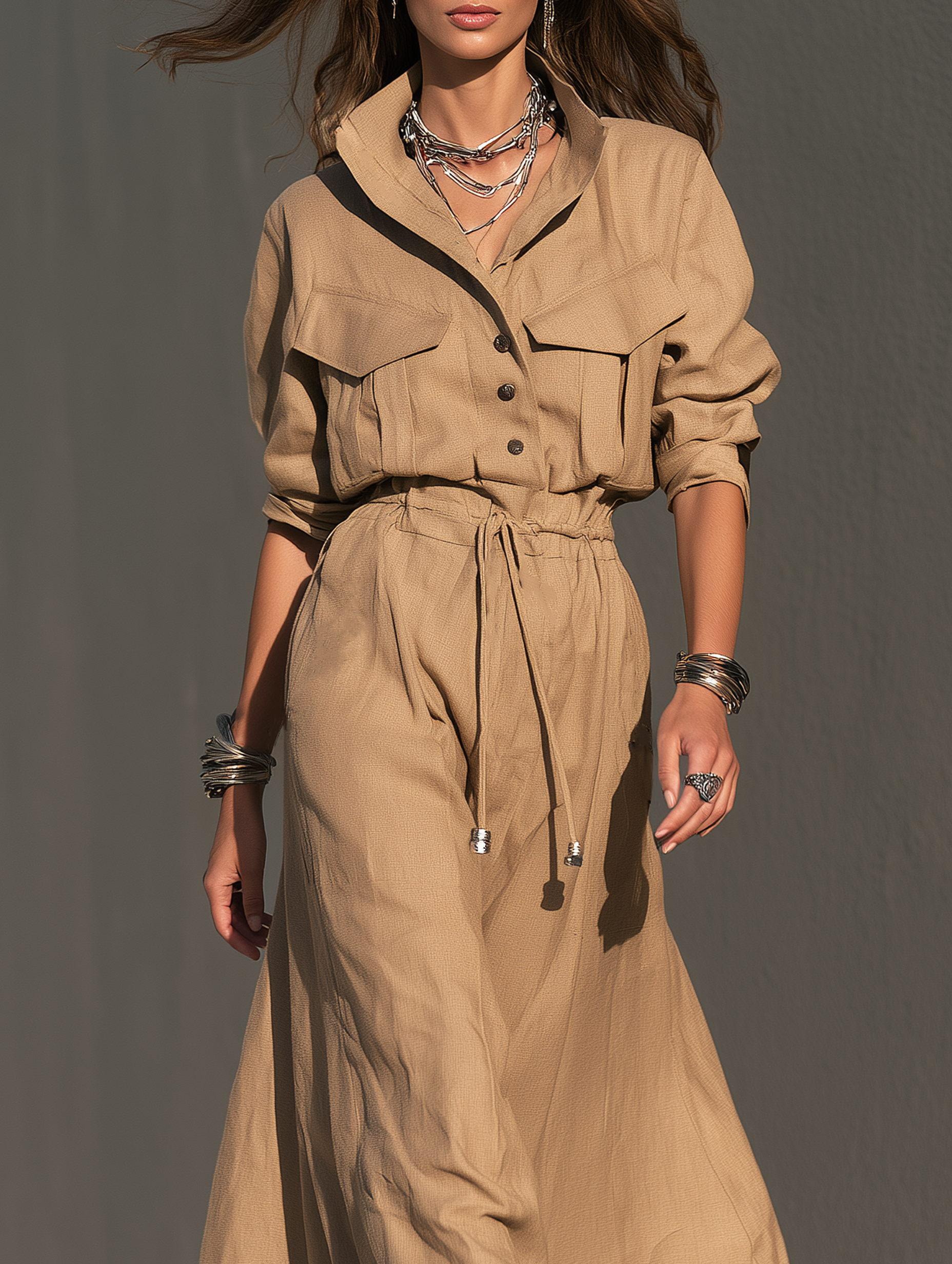 Women's Casual Khaki Woven Long-Sleeve Maxi Dress MDZ0489I1LXY