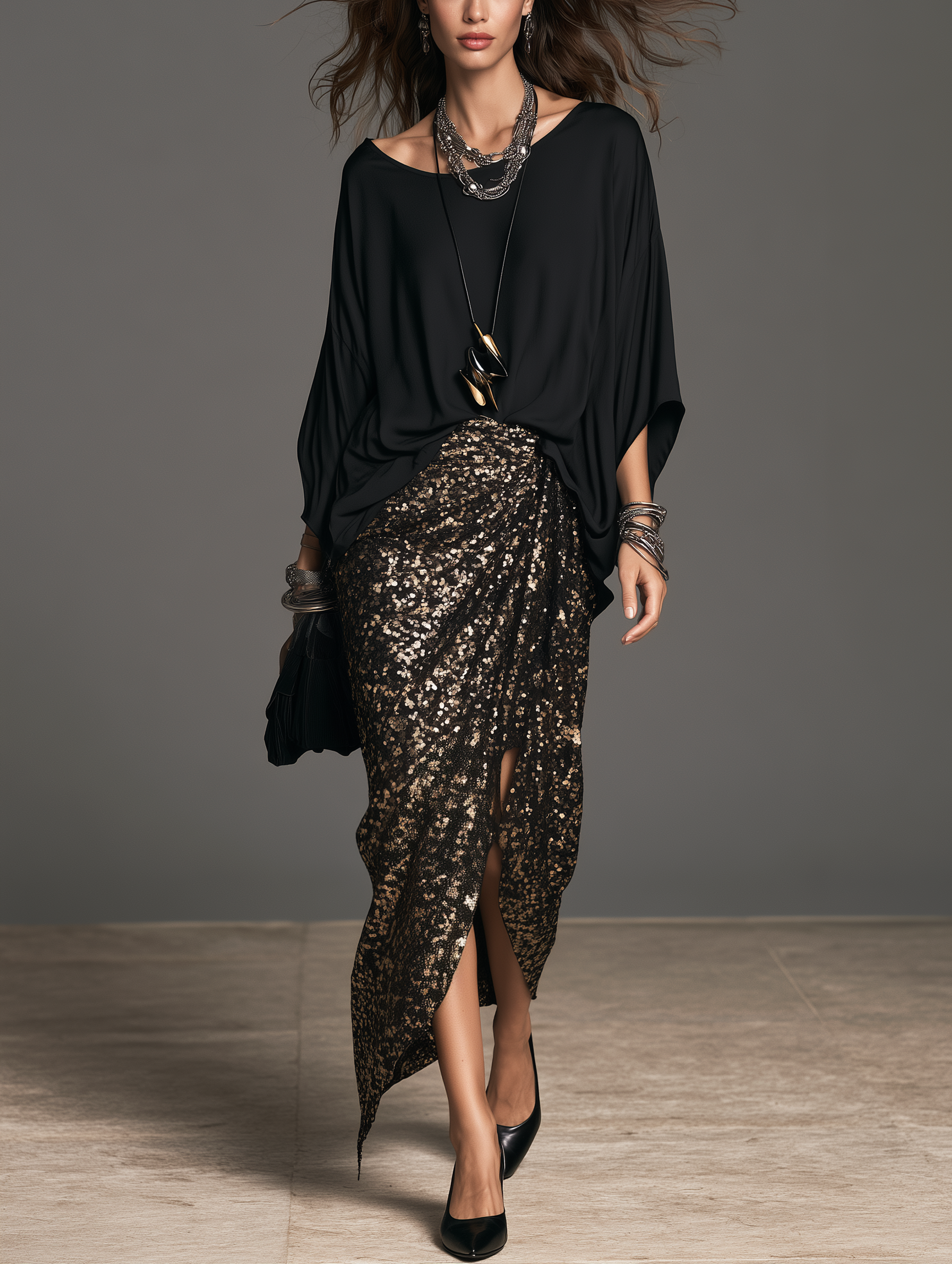 Women's Elegant Black Satin Top And A Black-And-Gold Sequin Skirt Two-Piece Set MDZ0432I8LXY