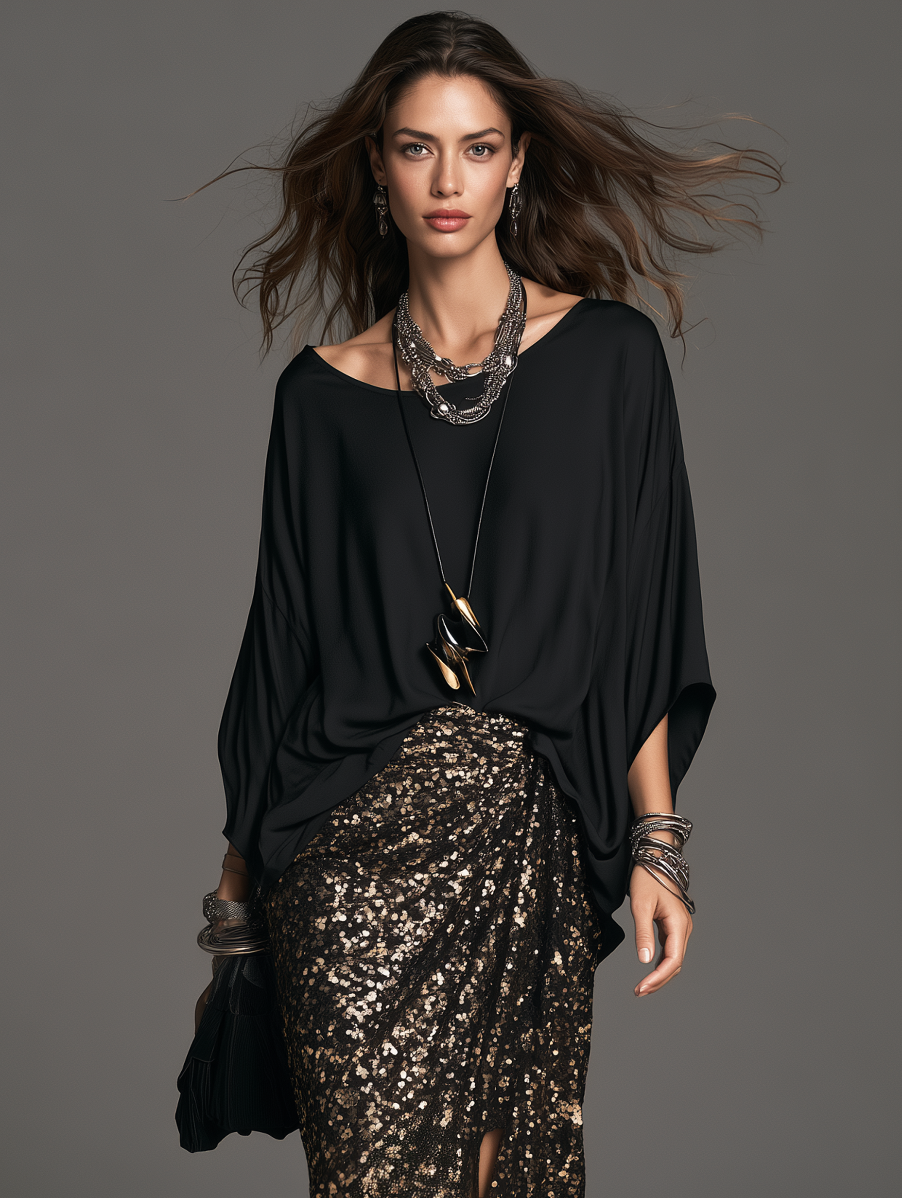 Women's Elegant Black Satin Top And A Black-And-Gold Sequin Skirt Two-Piece Set MDZ0432I8LXY