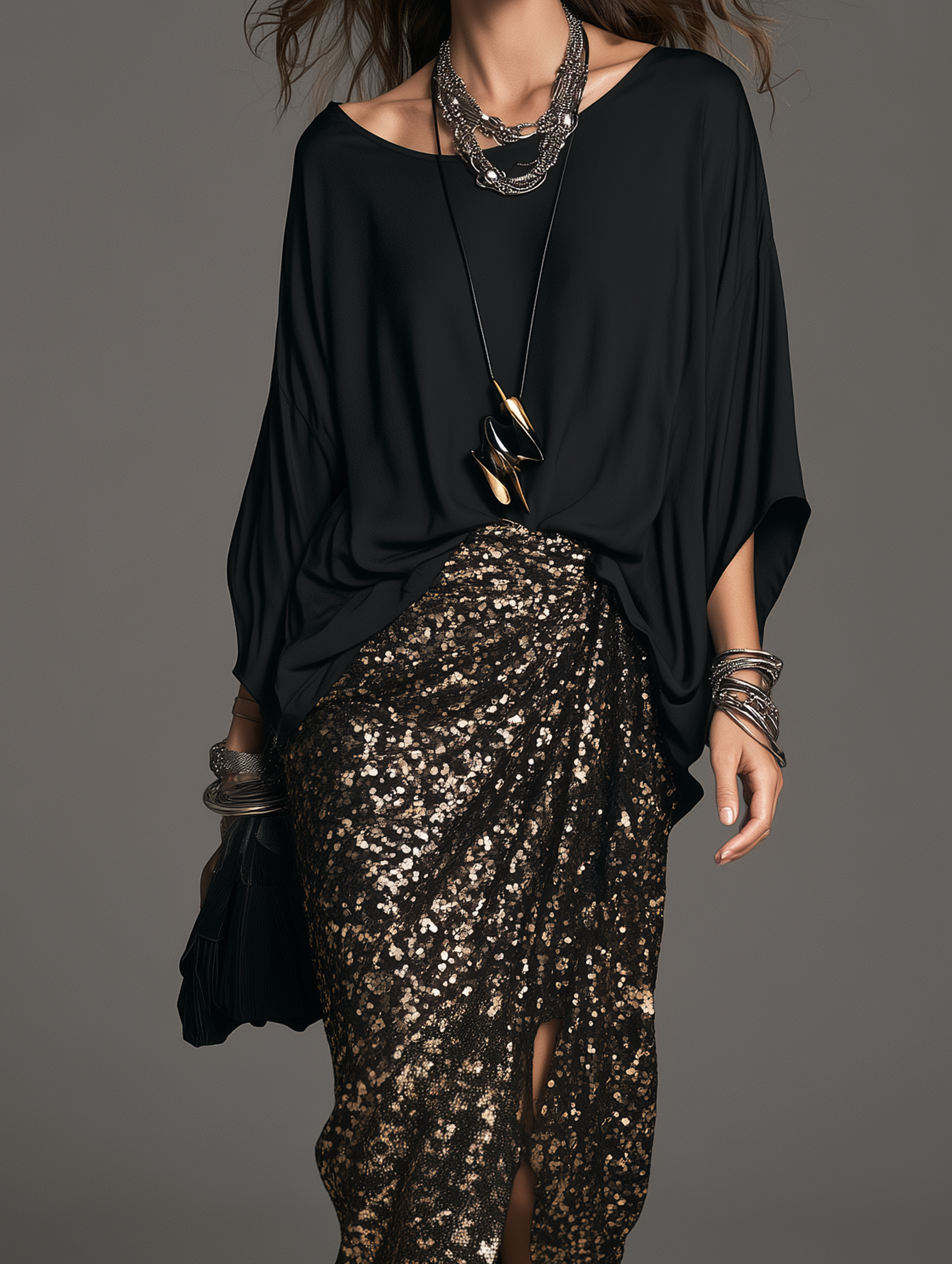 Women's Elegant Black Satin Top And A Black-And-Gold Sequin Skirt Two-Piece Set MDZ0432I8LXY