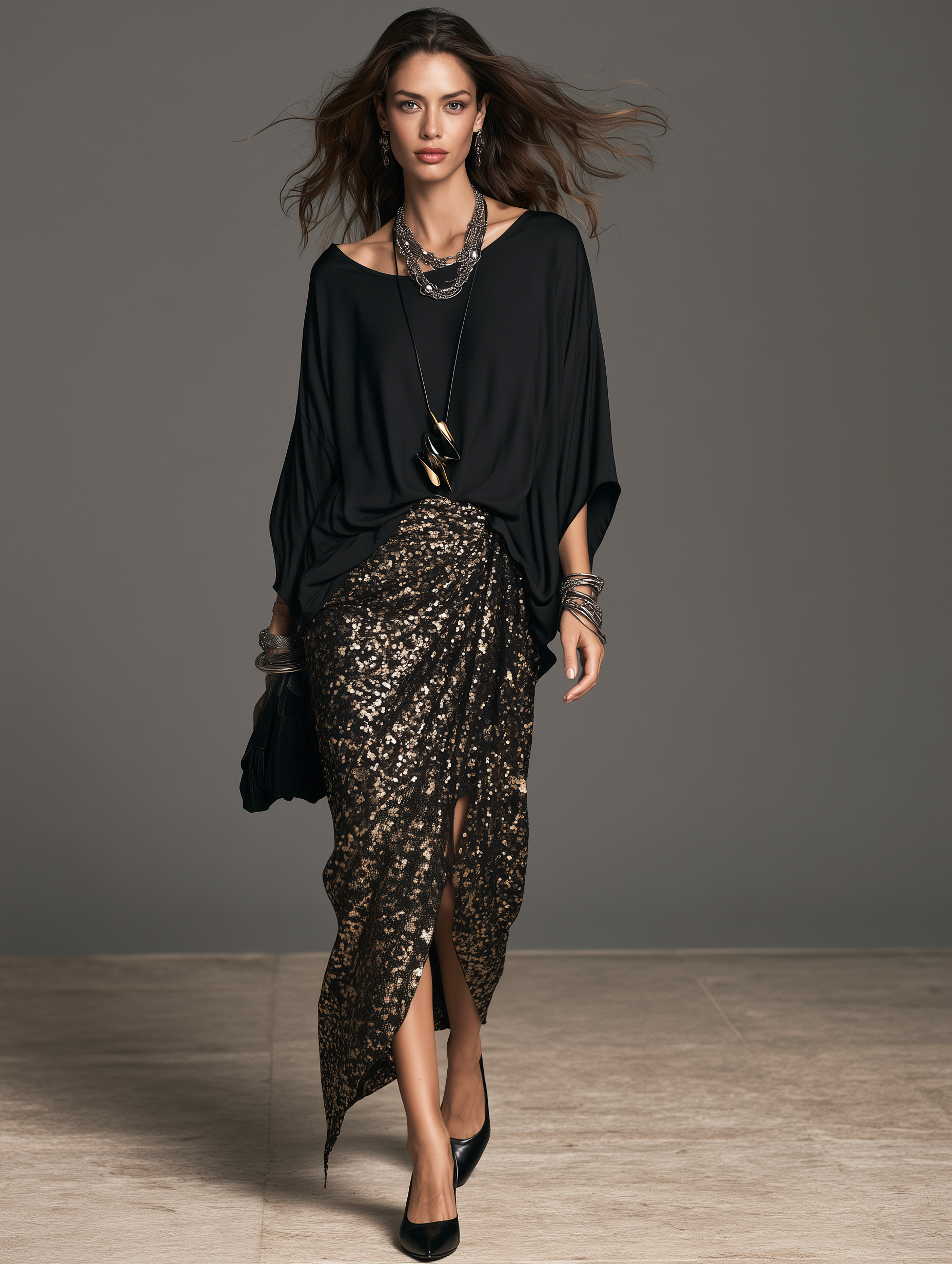 Women's Elegant Black Satin Top And A Black-And-Gold Sequin Skirt Two-Piece Set MDZ0432I8LXY