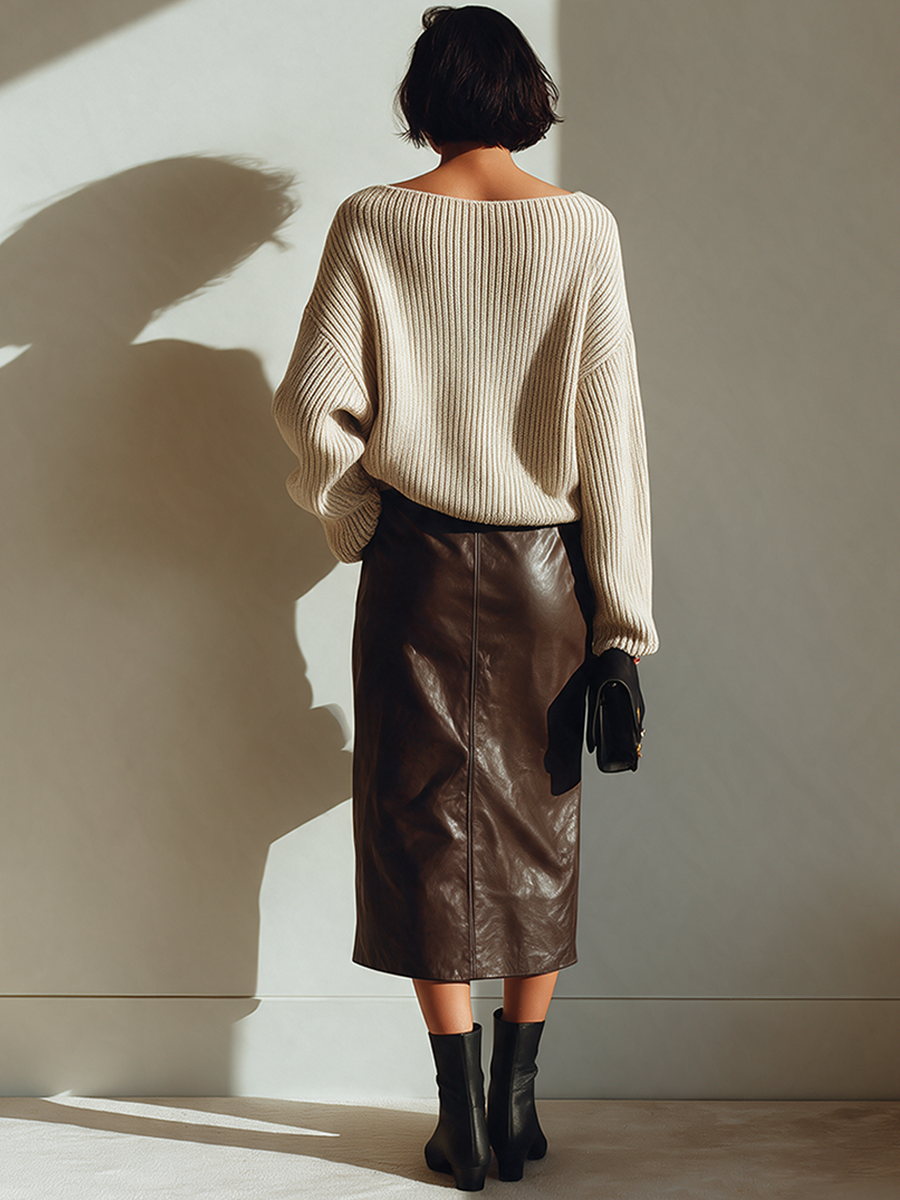 Women's Relaxed-Fit Knit Top & Leather Wrap Skirt Set MDZ0432I5ZRK
