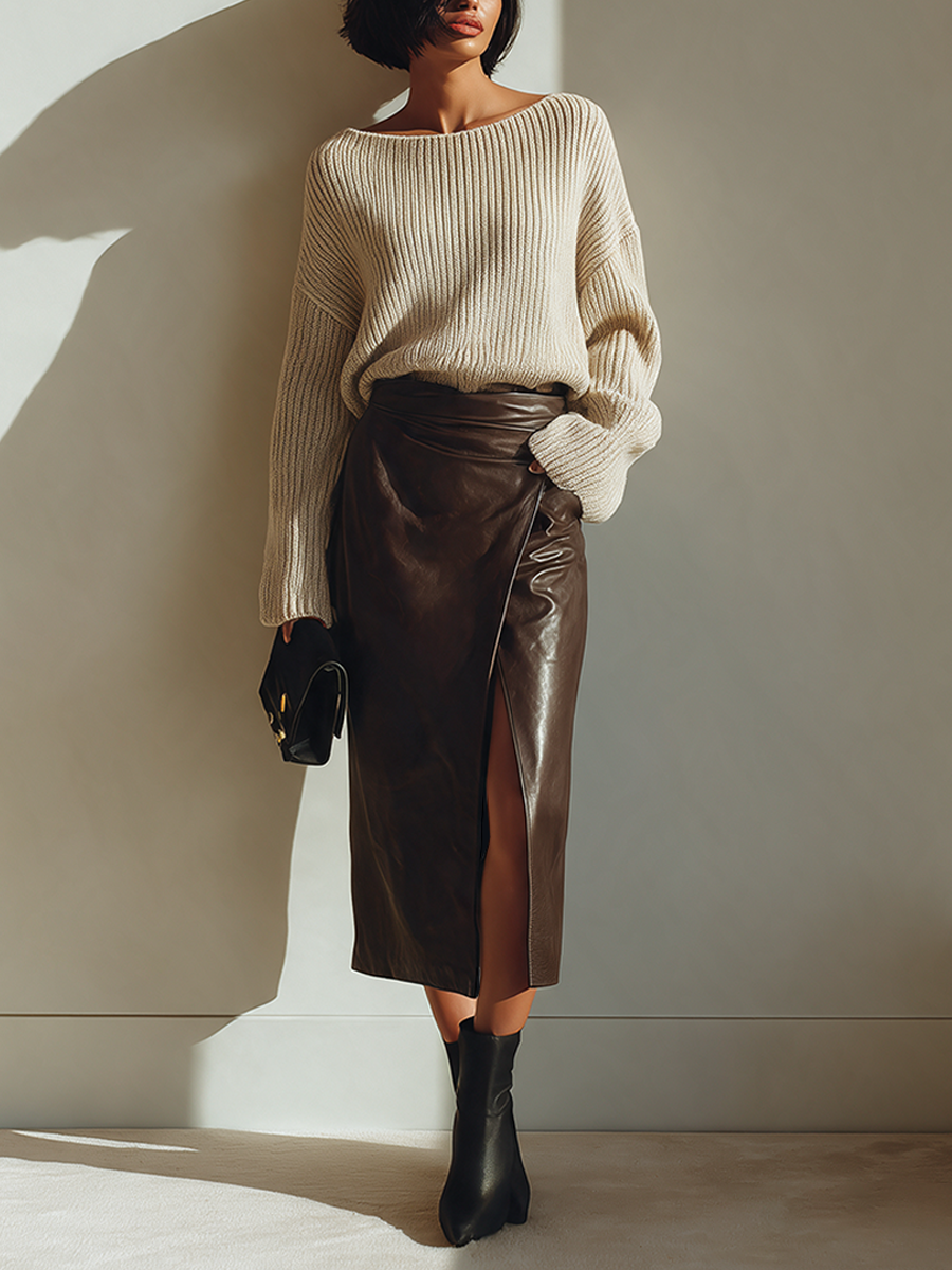Women's Relaxed-Fit Knit Top & Leather Wrap Skirt Set MDZ0432I5ZRK