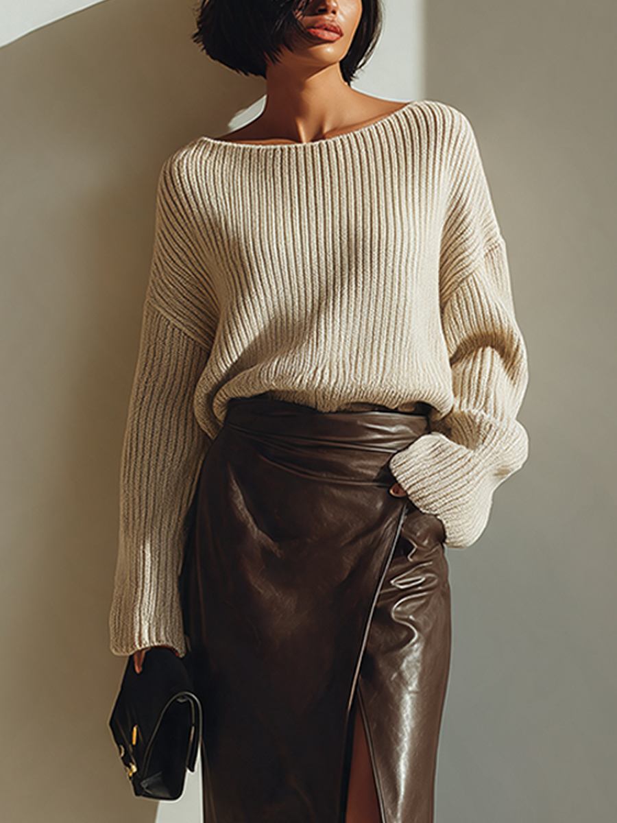 Women's Relaxed-Fit Knit Top & Leather Wrap Skirt Set MDZ0432I5ZRK