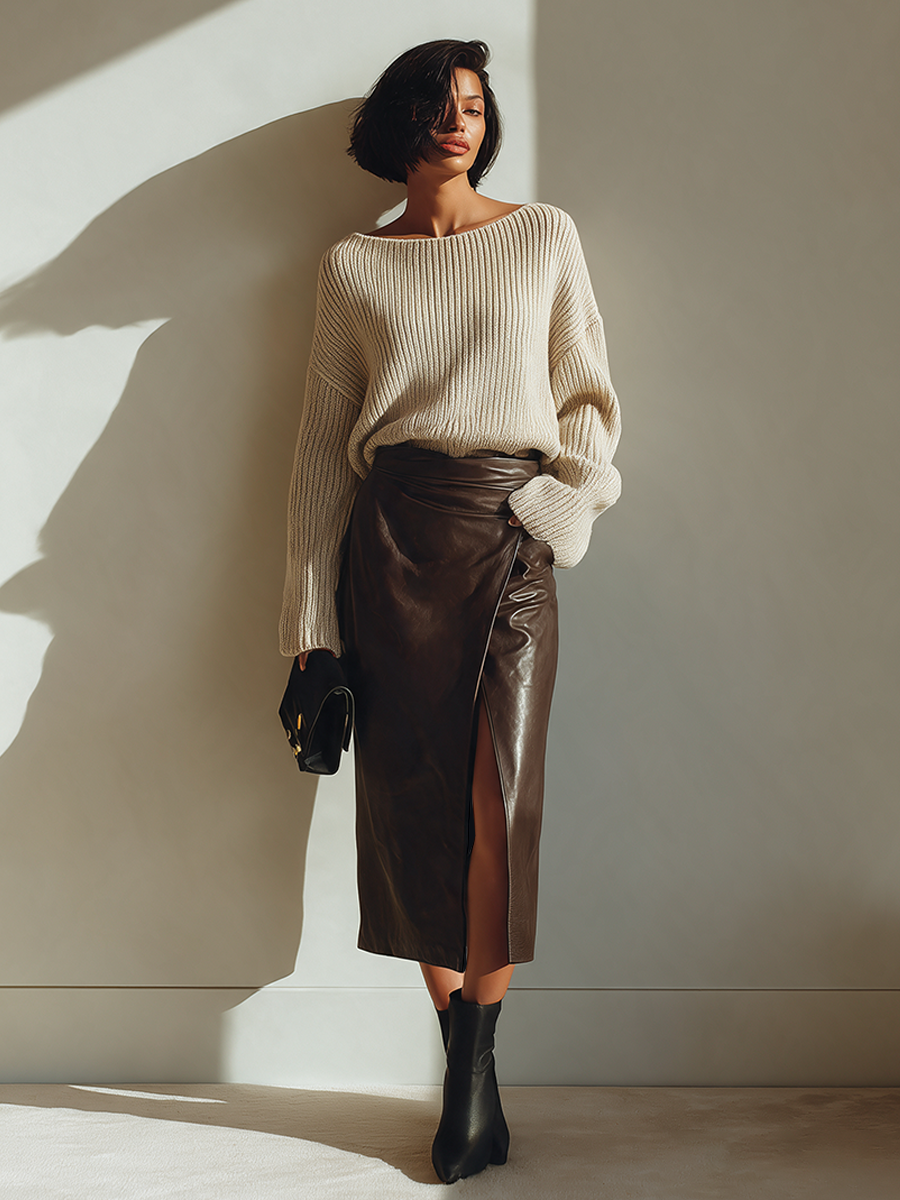 Women's Relaxed-Fit Knit Top & Leather Wrap Skirt Set MDZ0432I5ZRK