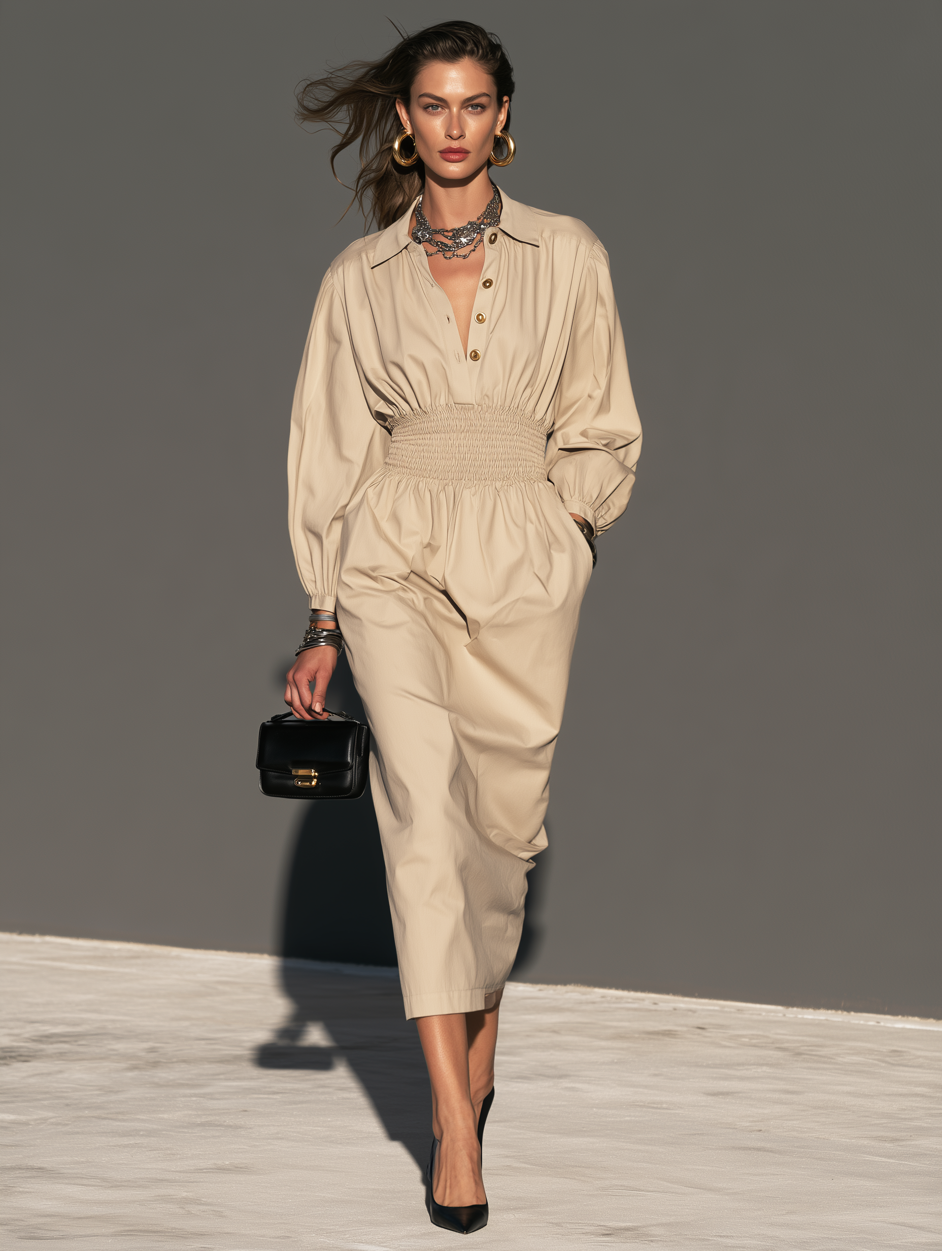 Women's Casual Khaki Woven Long-Sleeve Midi Dress MDZ0469I7LXY