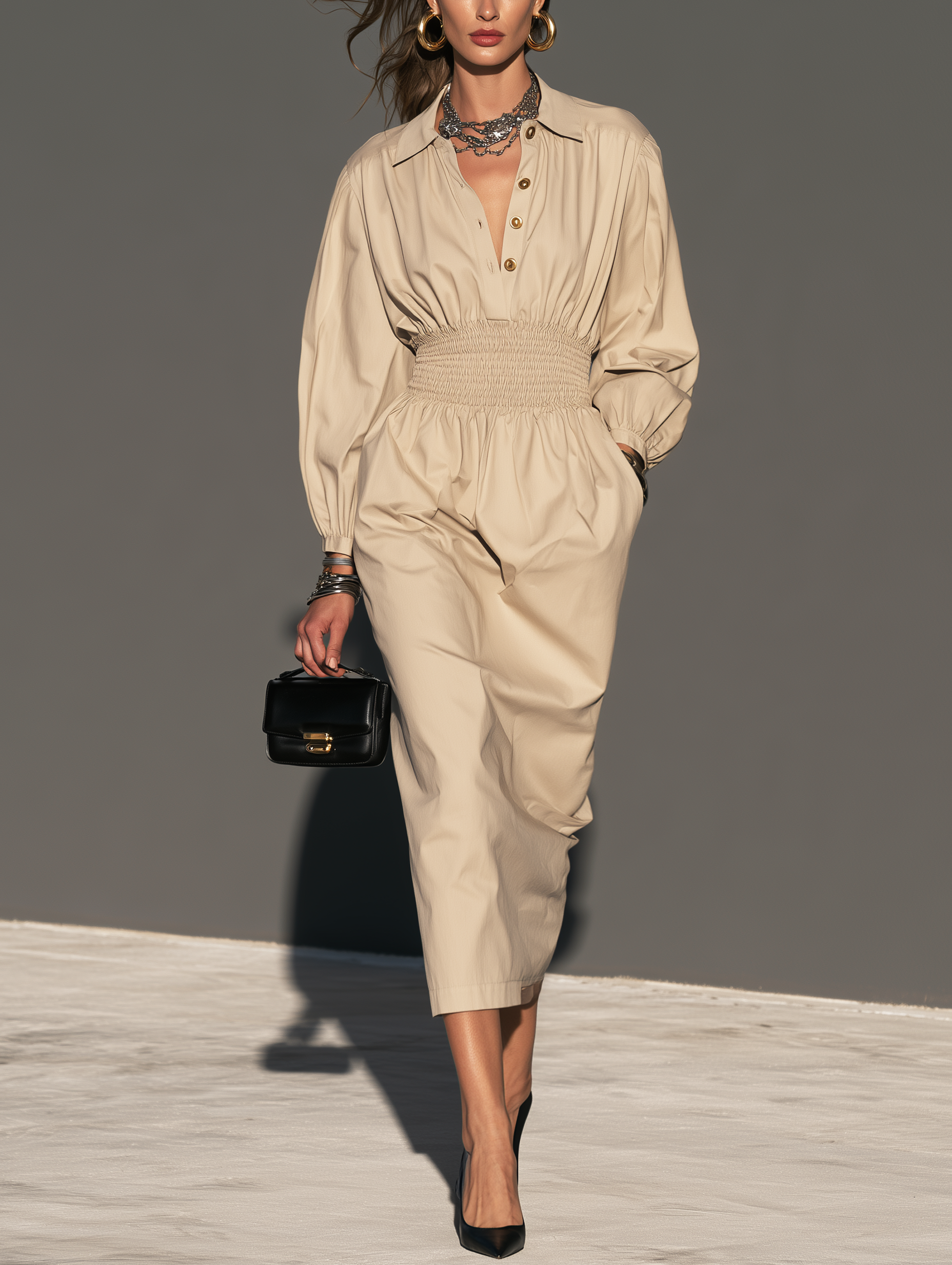 Women's Casual Khaki Woven Long-Sleeve Midi Dress MDZ0469I7LXY