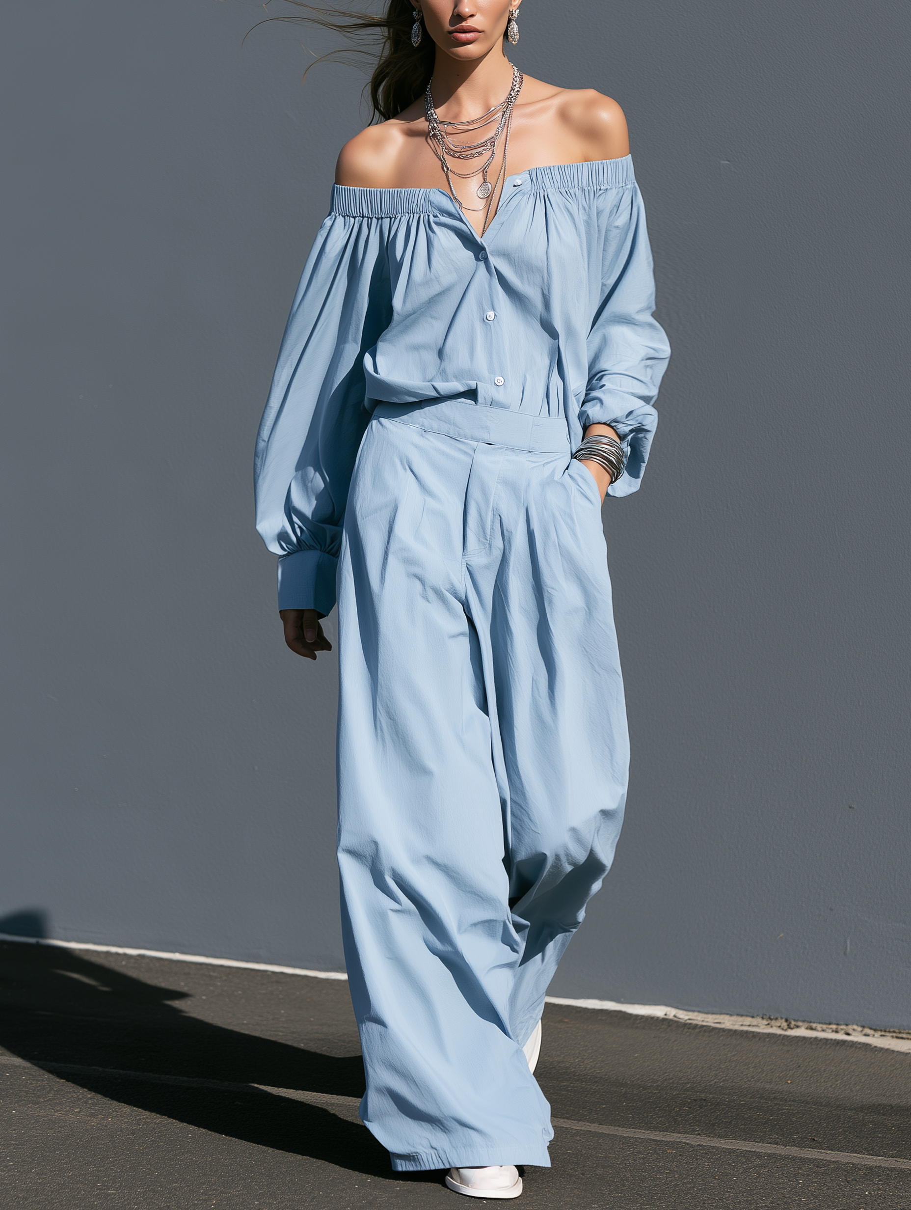 Women's Casual Light Blue Woven Off-Shoulder Long-Sleeve Jumpsuit MDZ0492I1LXY