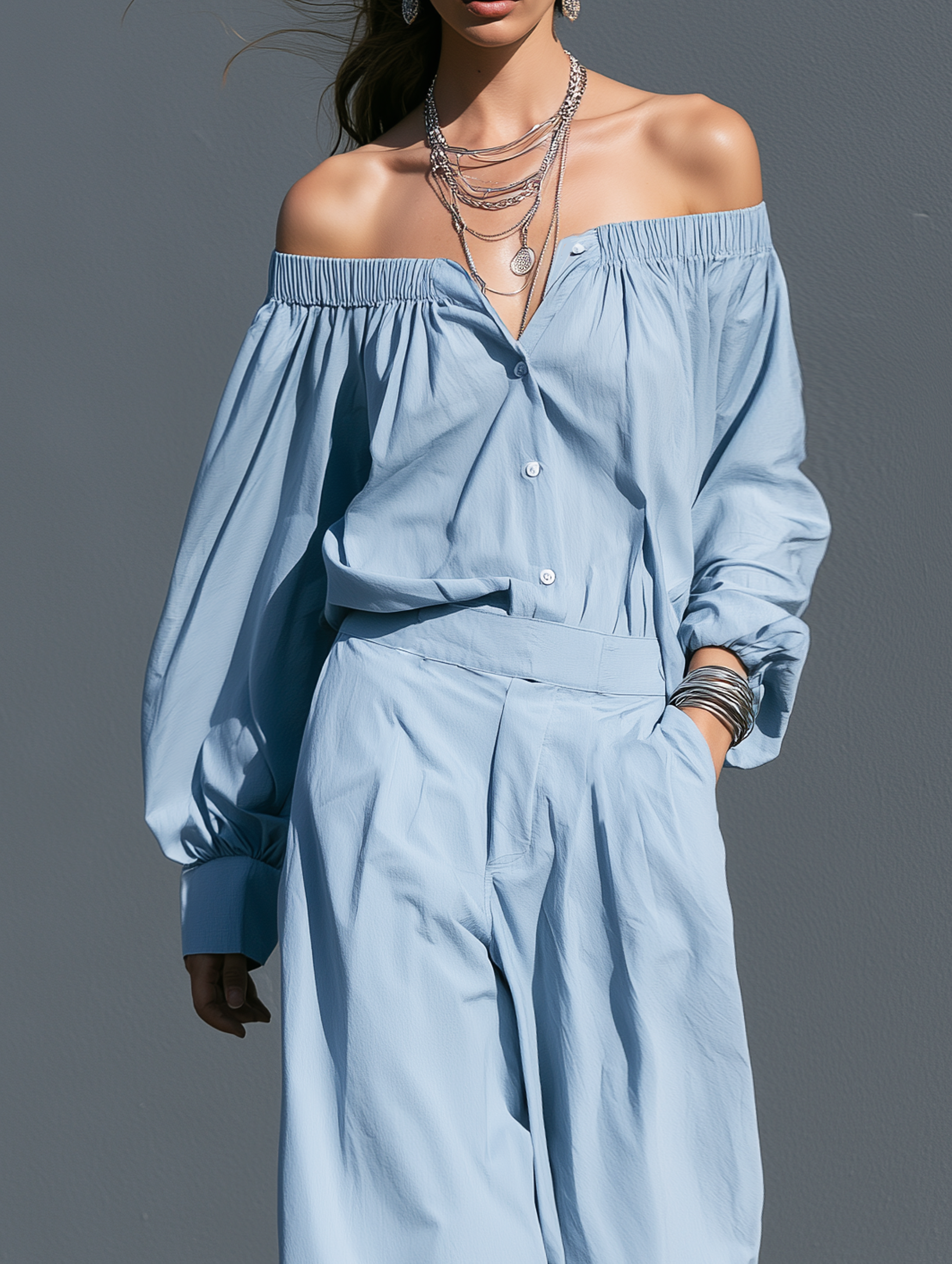 Women's Casual Light Blue Woven Off-Shoulder Long-Sleeve Jumpsuit MDZ0492I1LXY