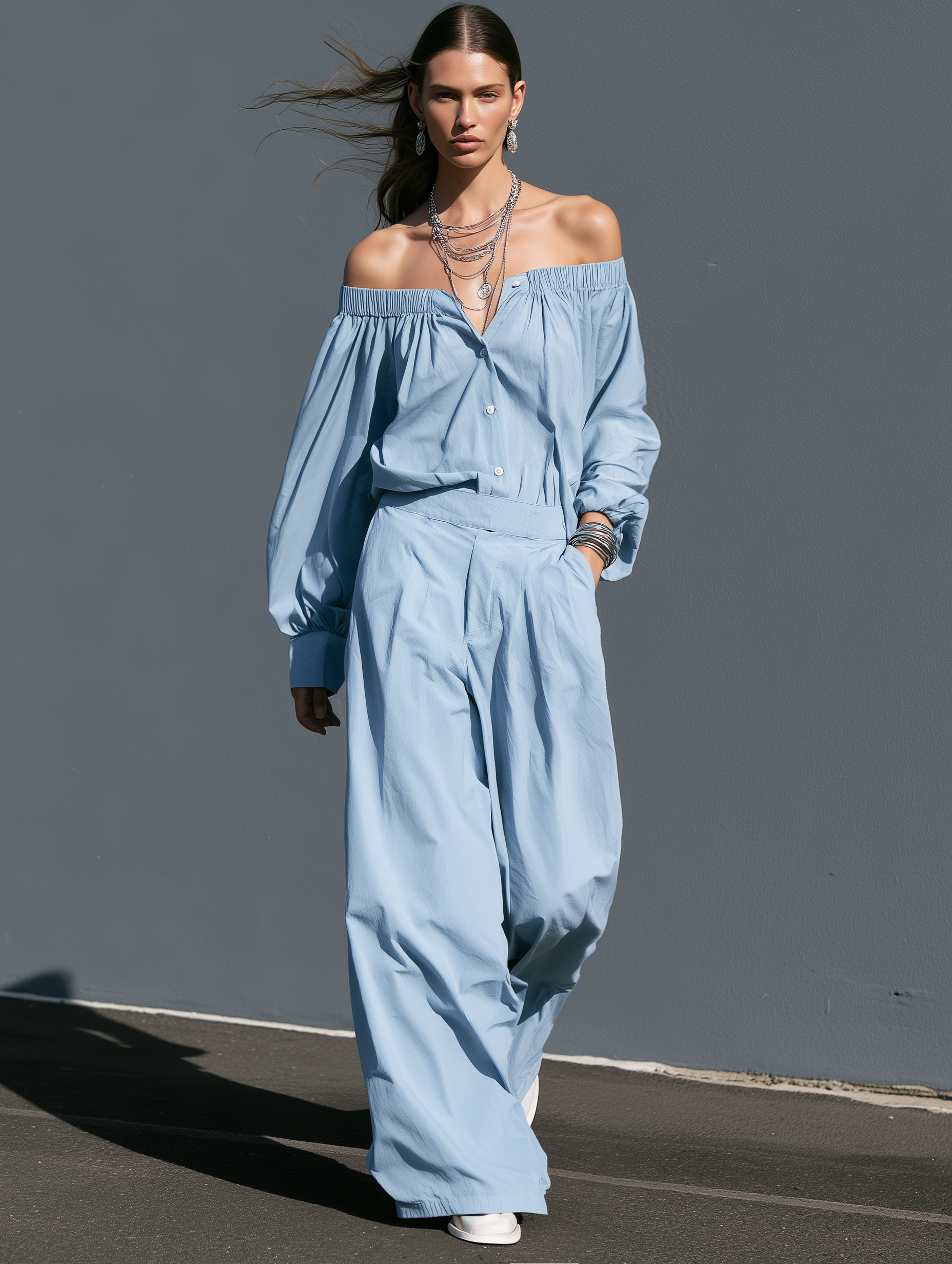 Women's Casual Light Blue Woven Off-Shoulder Long-Sleeve Jumpsuit MDZ0492I1LXY