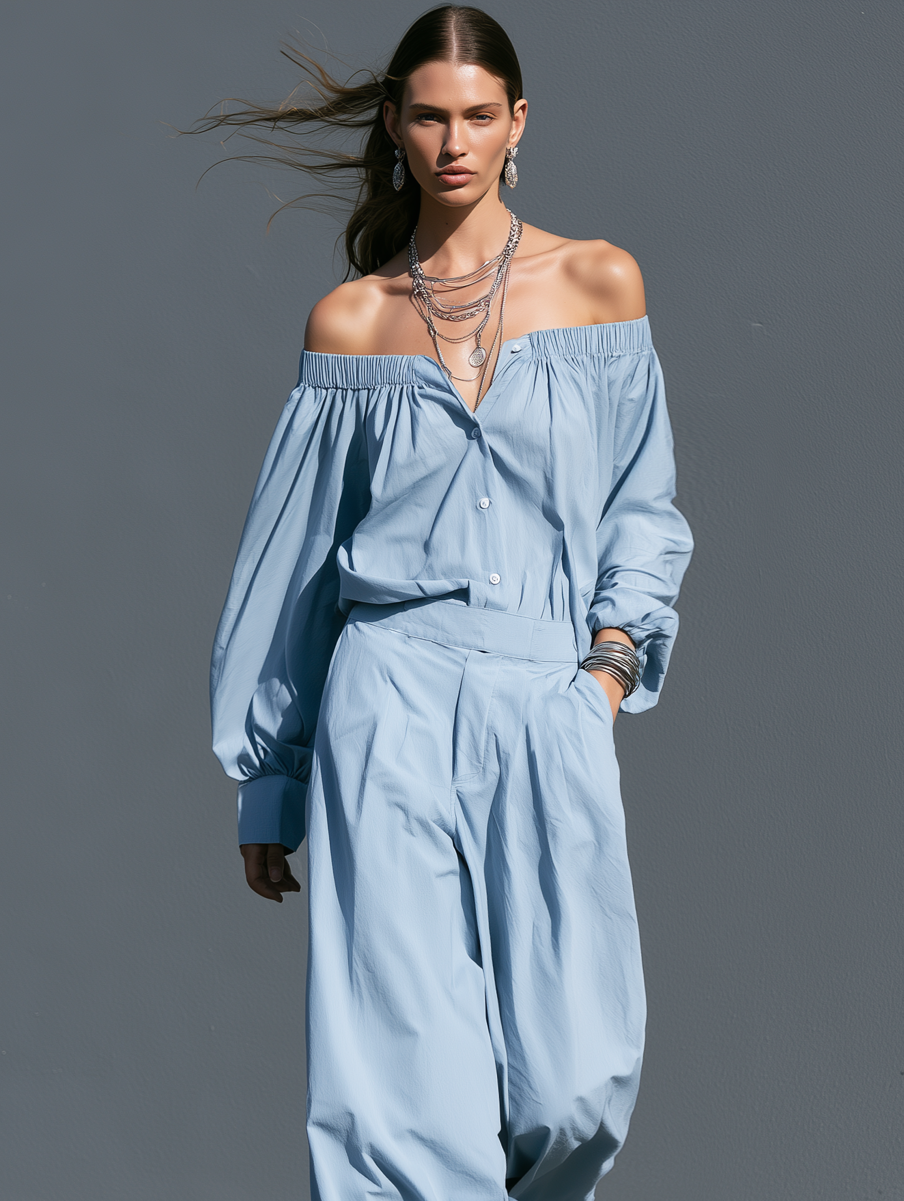 Women's Casual Light Blue Woven Off-Shoulder Long-Sleeve Jumpsuit MDZ0492I1LXY