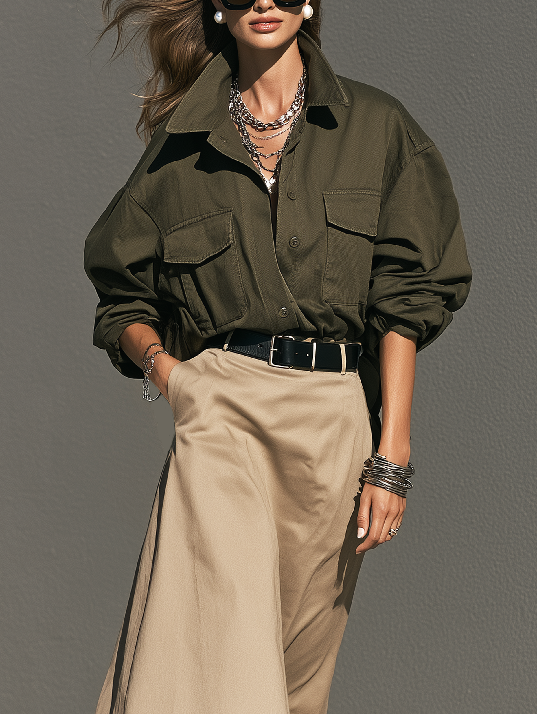 Women's Casual Dark Green Woven Shirt And Khaki Woven Skirt Two-Piece Set (Belt Not Included) MDZ0425I8LXY