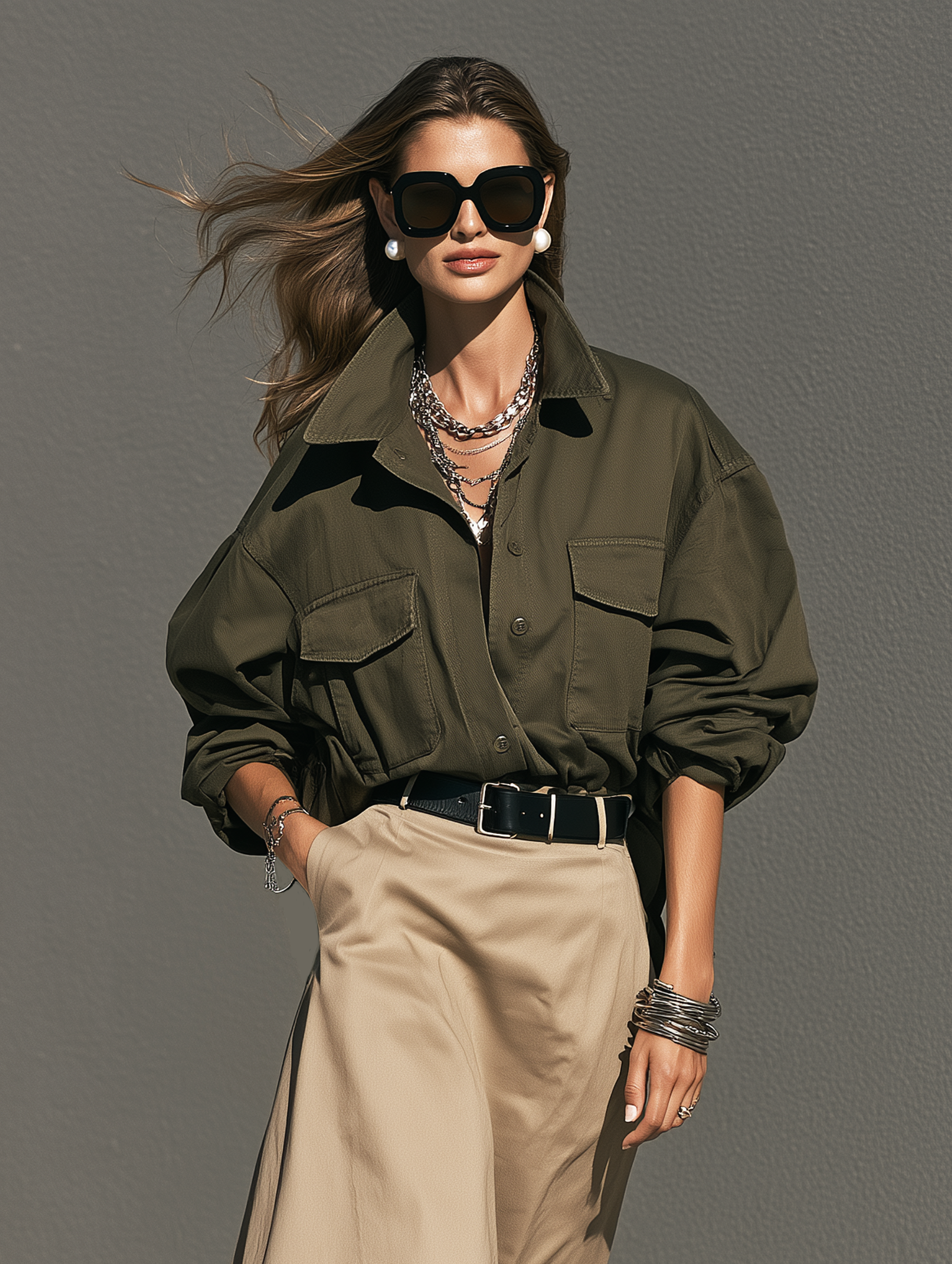 Women's Casual Dark Green Woven Shirt And Khaki Woven Skirt Two-Piece Set (Belt Not Included) MDZ0425I8LXY