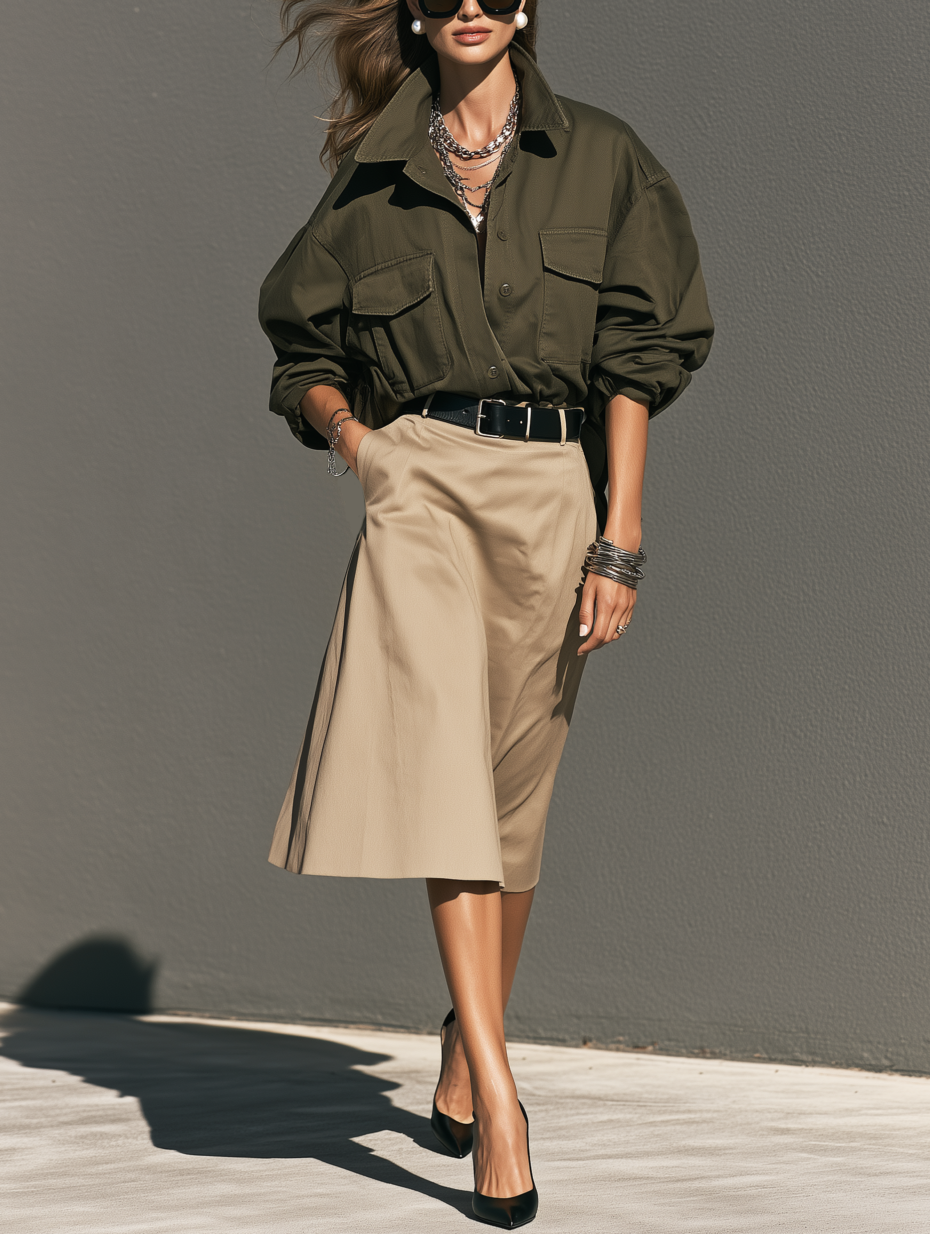 Women's Casual Dark Green Woven Shirt And Khaki Woven Skirt Two-Piece Set (Belt Not Included) MDZ0425I8LXY