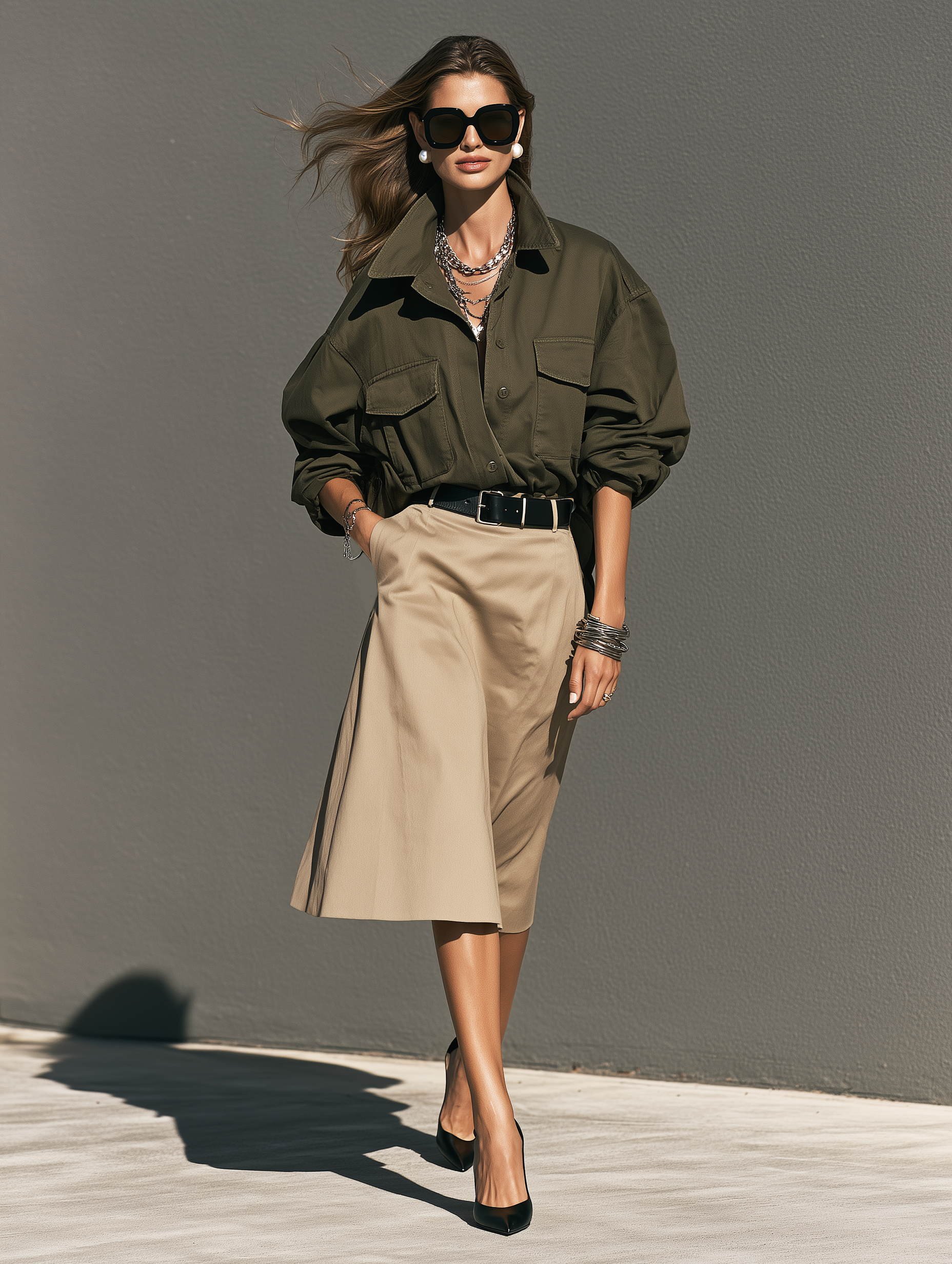 Women's Casual Dark Green Woven Shirt And Khaki Woven Skirt Two-Piece Set (Belt Not Included) MDZ0425I8LXY