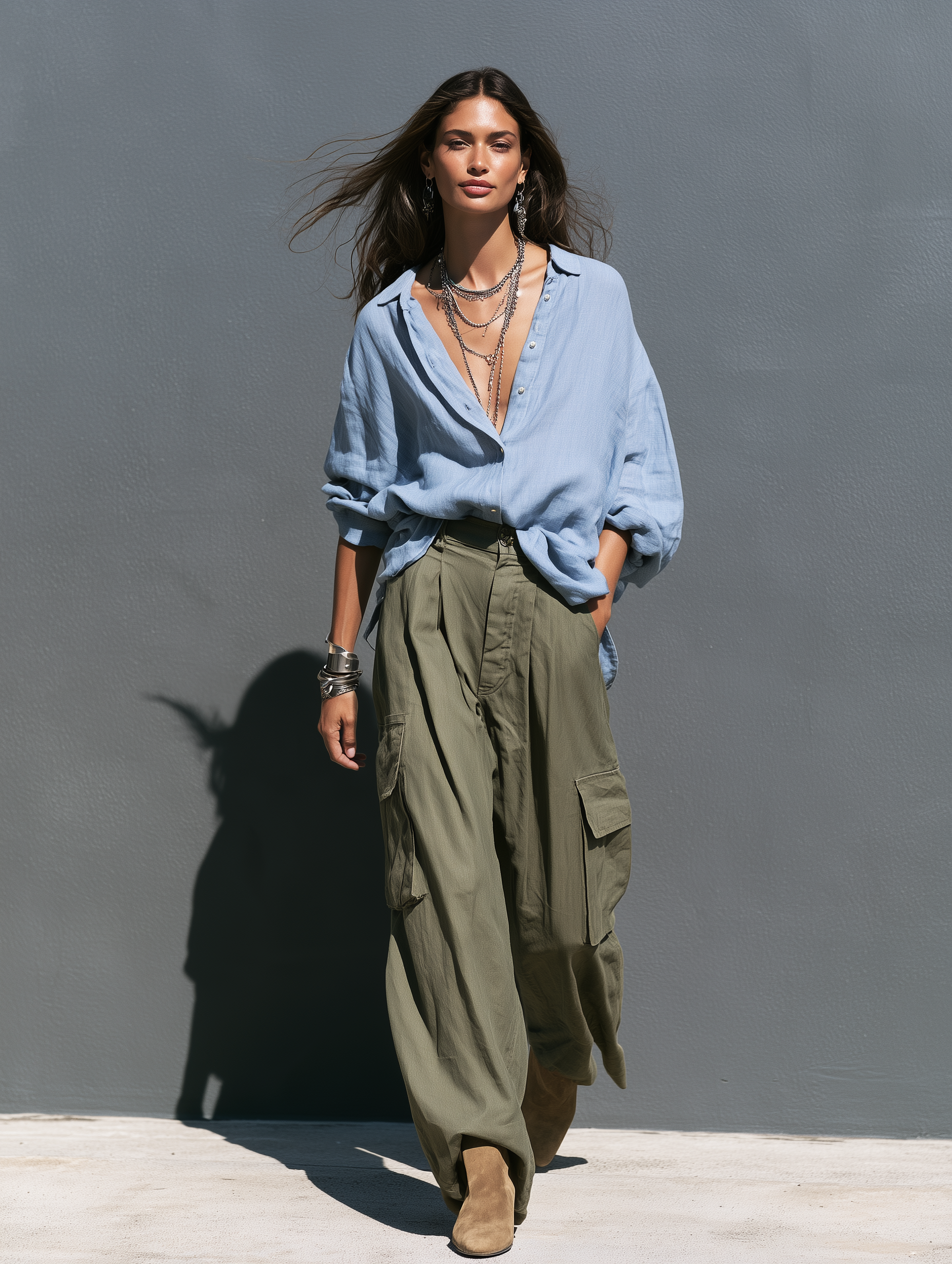 Women's Casual Blue Cotton-Linen Long-Sleeve Shirt And Army Green Woven Trousers Two-Piece Set MDZ0444I7LXY