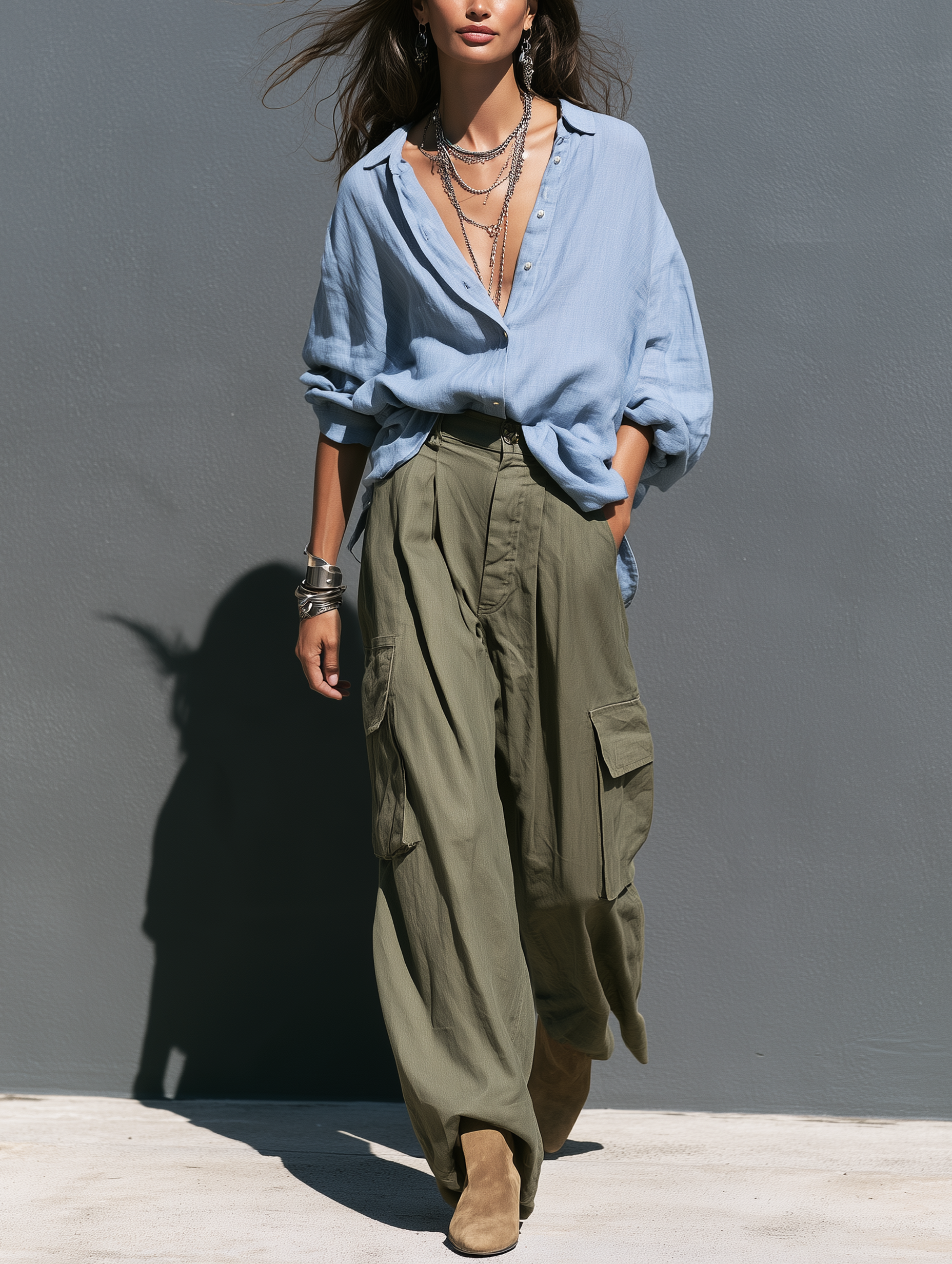 Women's Casual Blue Cotton-Linen Long-Sleeve Shirt And Army Green Woven Trousers Two-Piece Set MDZ0444I7LXY