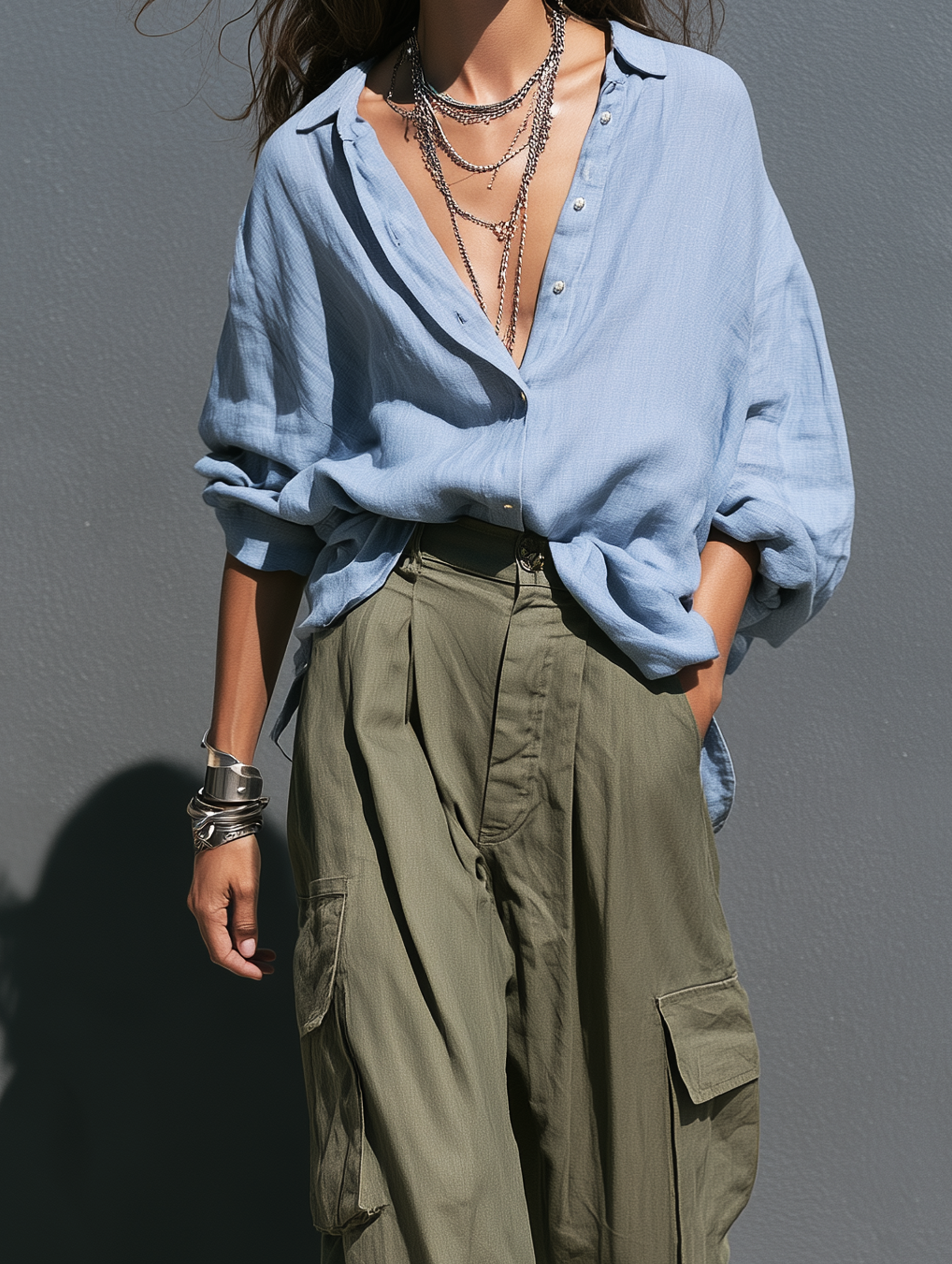Women's Casual Blue Cotton-Linen Long-Sleeve Shirt And Army Green Woven Trousers Two-Piece Set MDZ0444I7LXY