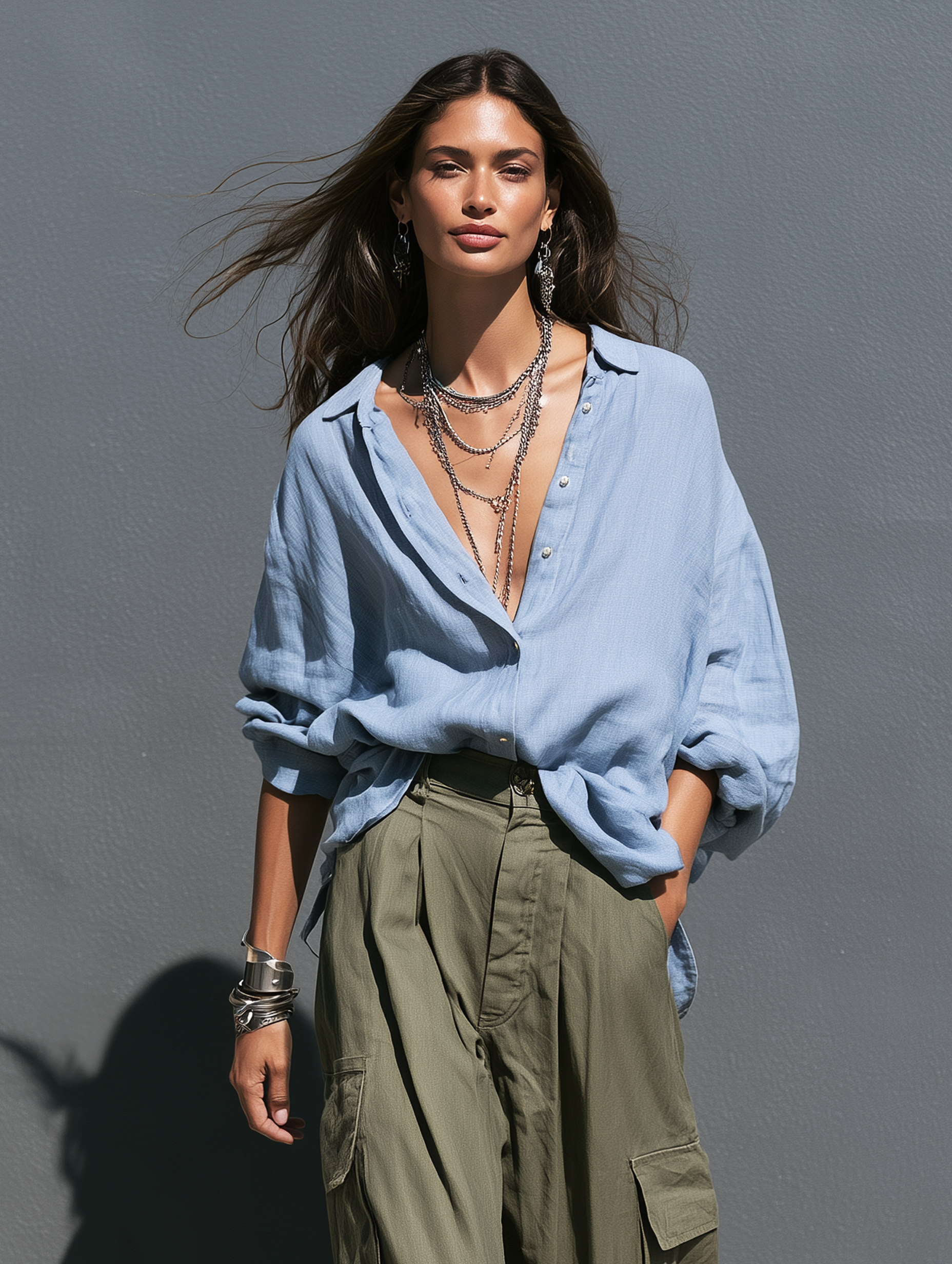 Women's Casual Blue Cotton-Linen Long-Sleeve Shirt And Army Green Woven Trousers Two-Piece Set MDZ0444I7LXY