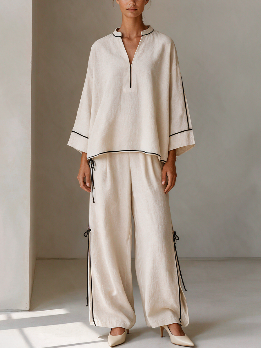 Women's Off‑White Contrast‑Piping Stand‑Collar Top & Side‑Tie Wide‑Leg Trousers Two‑Piece Set MDZ0495I9R