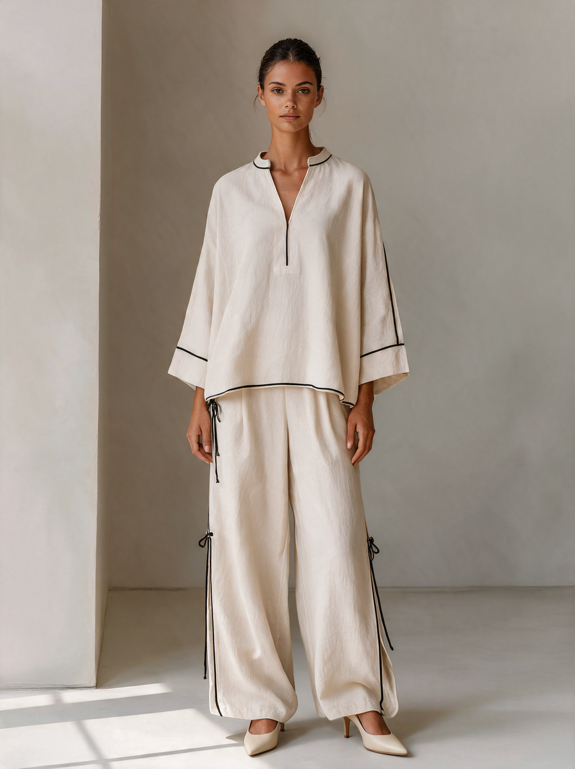 Women's Off‑White Contrast‑Piping Stand‑Collar Top & Side‑Tie Wide‑Leg Trousers Two‑Piece Set MDZ0495I9R