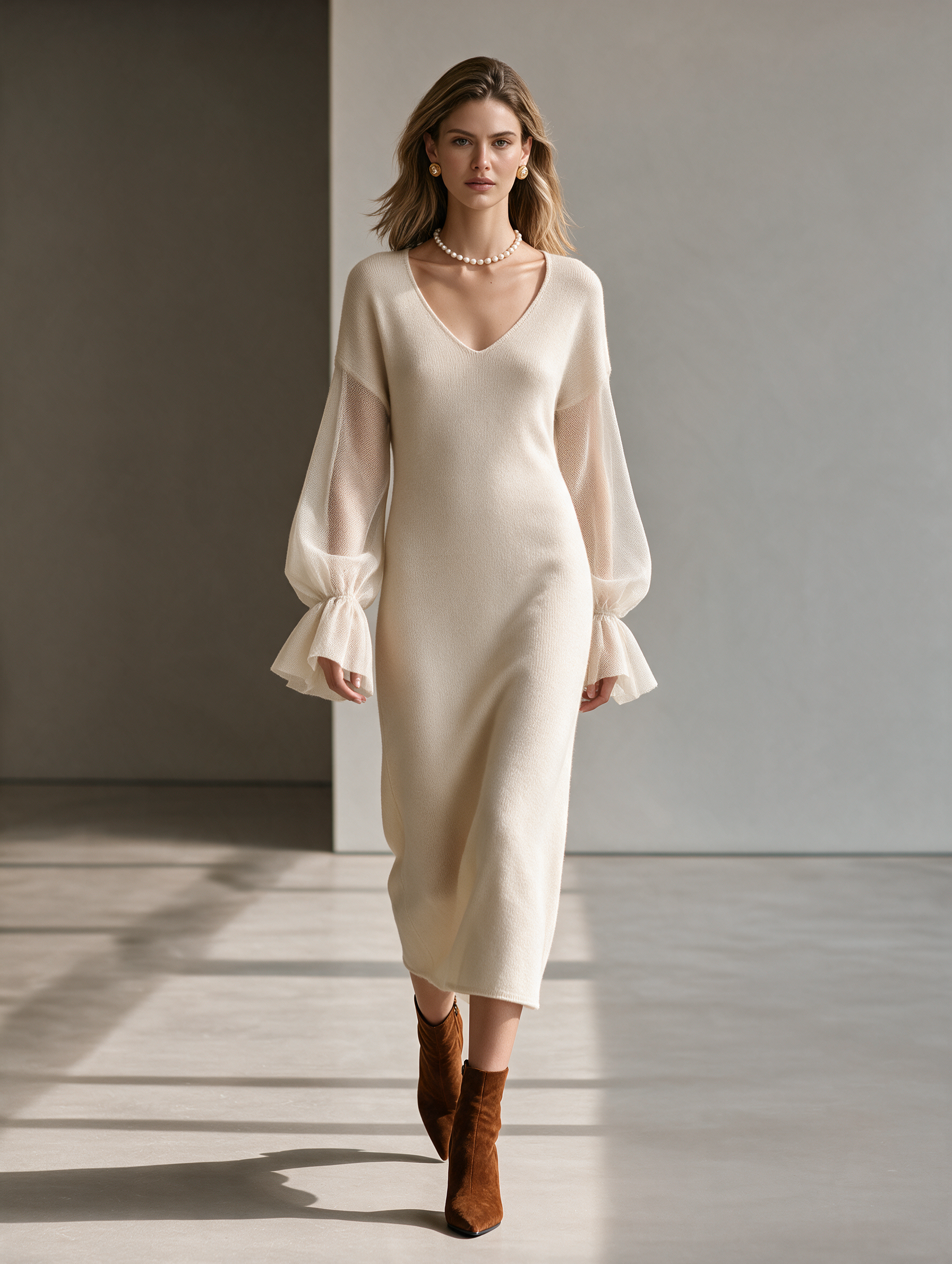 Women's V-Neck Mesh-Panel Balloon-Sleeve Straight Wool-Knit Midi Dress