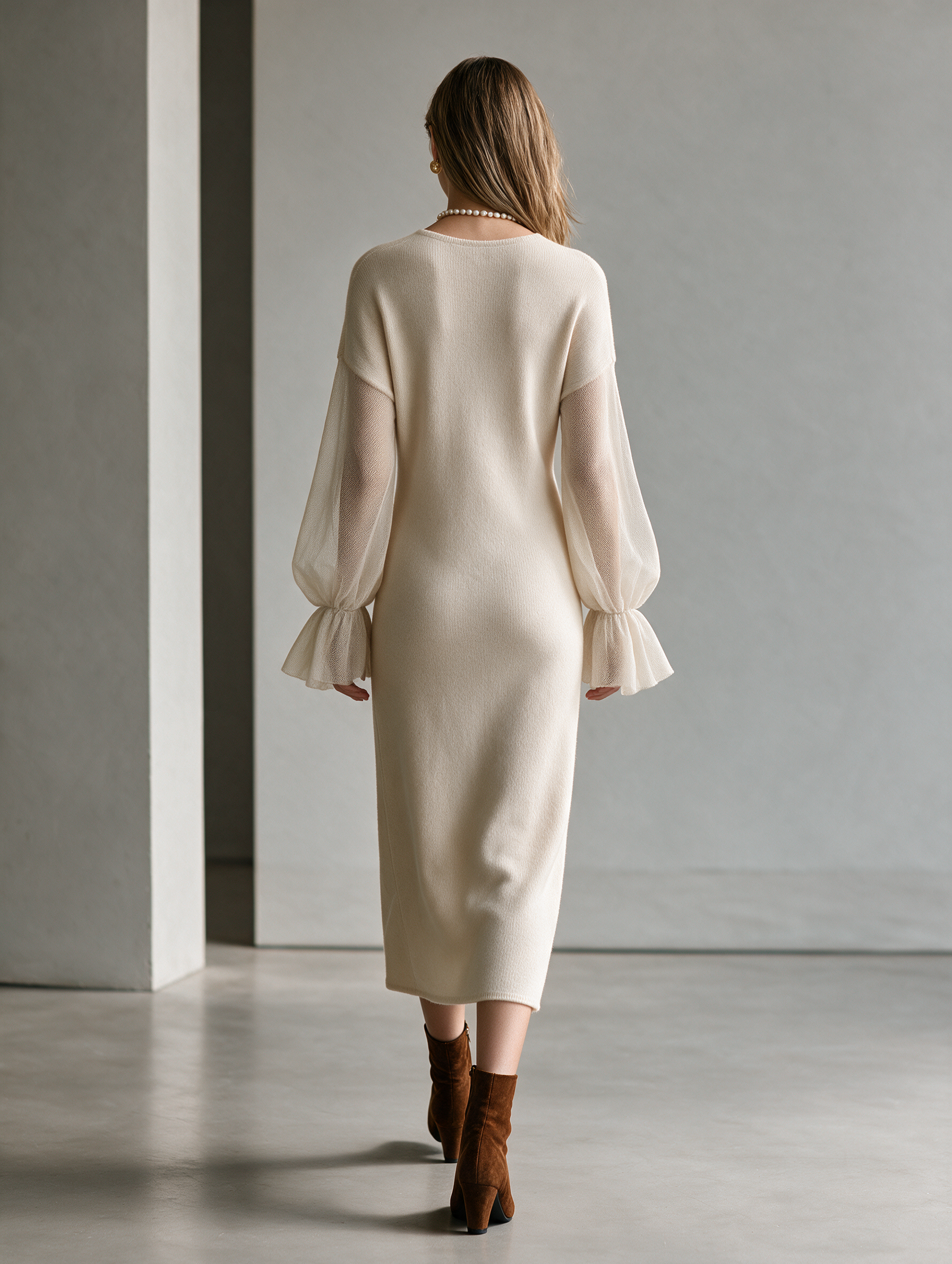 Women's V-Neck Mesh-Panel Balloon-Sleeve Straight Wool-Knit Midi Dress