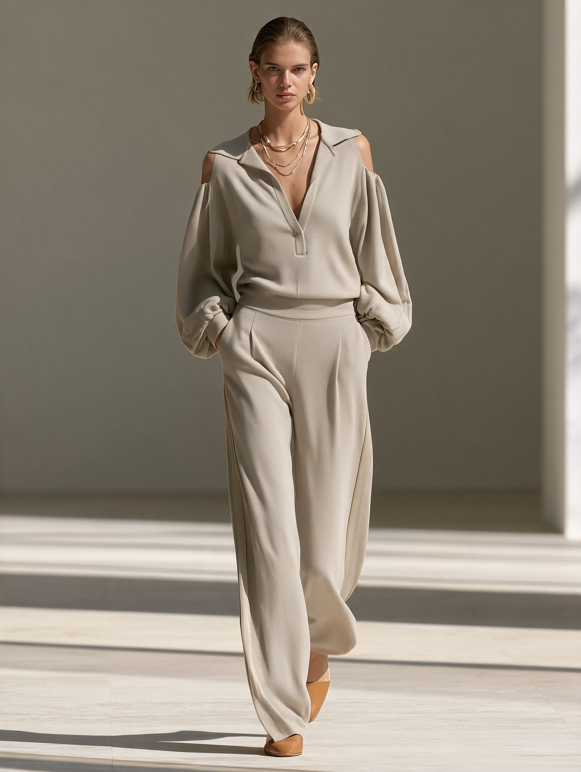 Women's Collared Cold-Shoulder Balloon-Sleeve Top And Wide-Leg Pants Set MDZ0403I7CMX