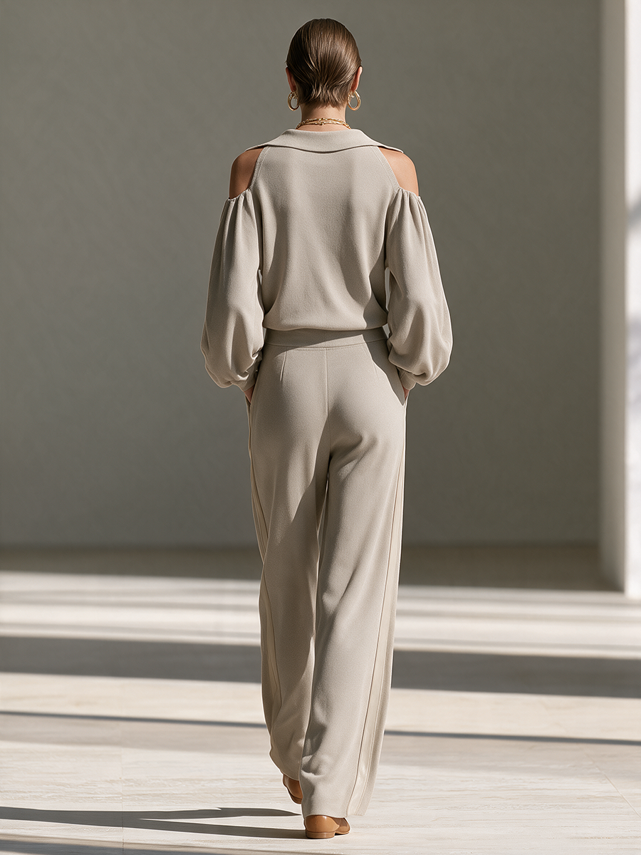 Women's Collared Cold-Shoulder Balloon-Sleeve Top And Wide-Leg Pants Set MDZ0403I7CMX