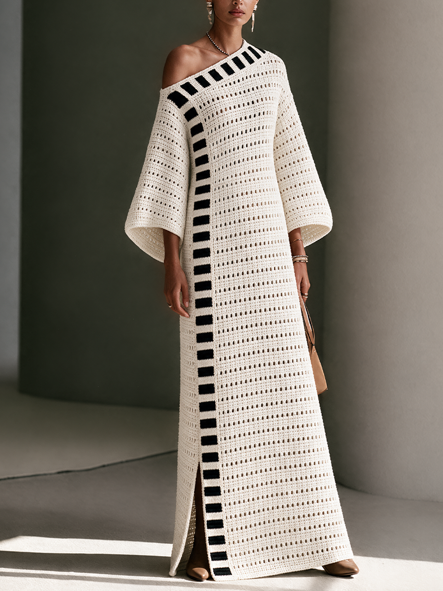 Women's Striped Openwork Bohemian Knit Off-Shoulder Maxi Dress MDZ0330I9GMJ