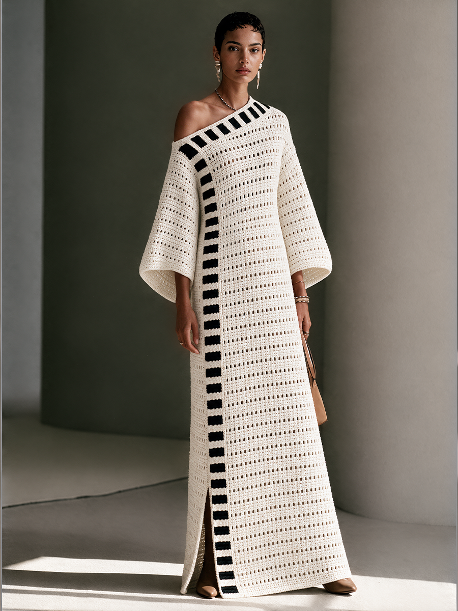 Women's Striped Openwork Bohemian Knit Off-Shoulder Maxi Dress MDZ0330I9GMJ