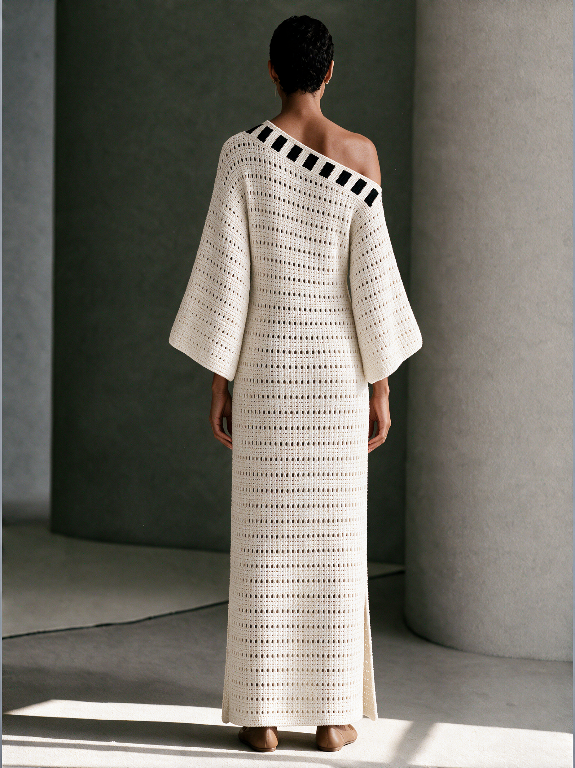 Women's Striped Openwork Bohemian Knit Off-Shoulder Maxi Dress MDZ0330I9GMJ