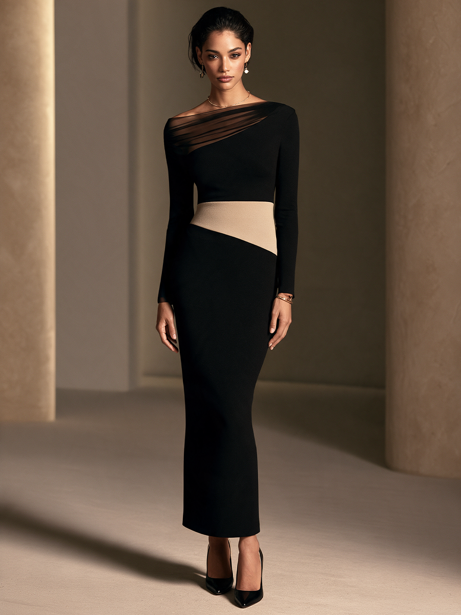 Women's Color-Blocked Waist Elegant Long Sleeve Maxi Dress MDZ0466I2GMJ