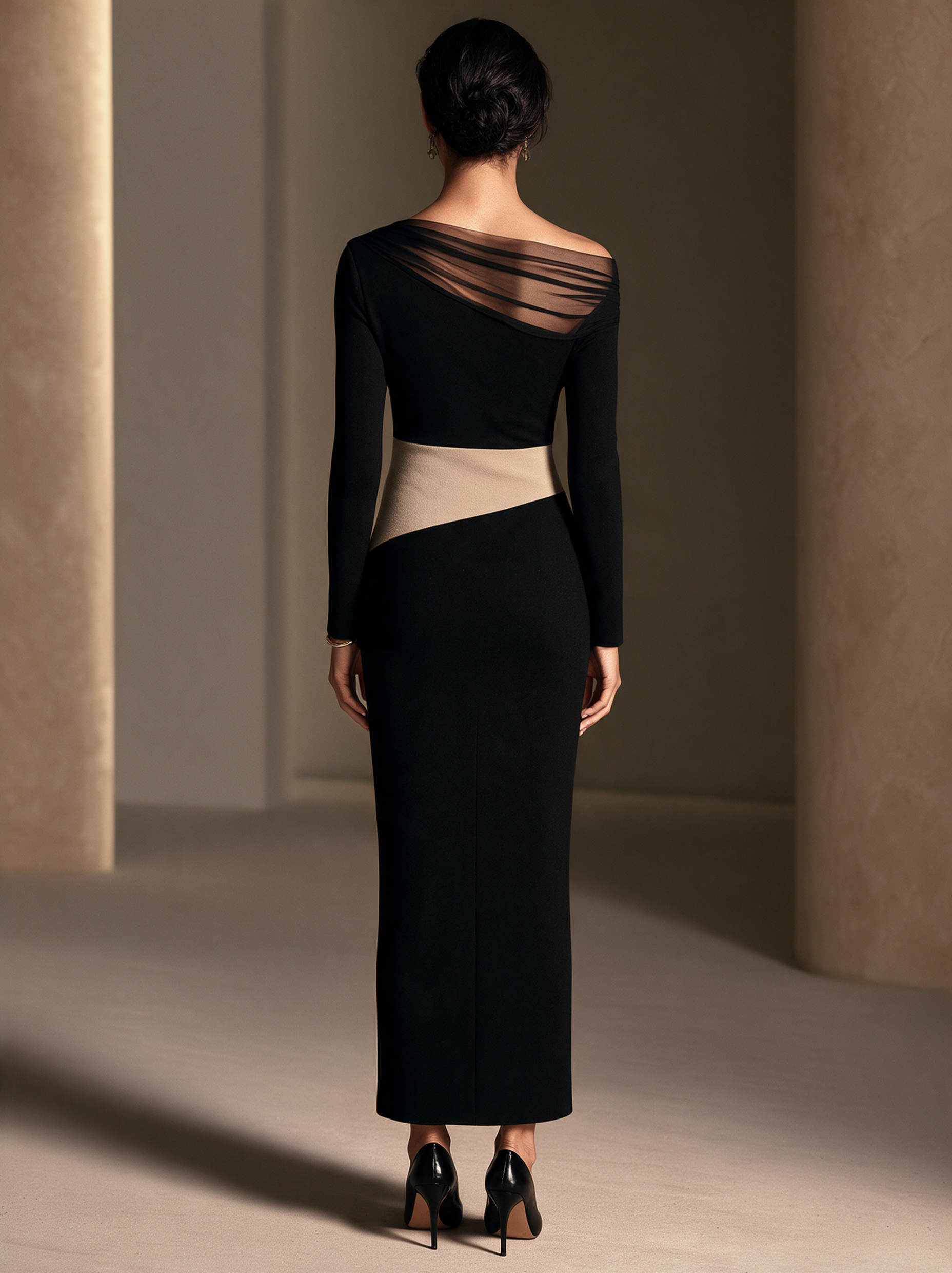 Women's Color-Blocked Waist Elegant Long Sleeve Maxi Dress MDZ0466I2GMJ