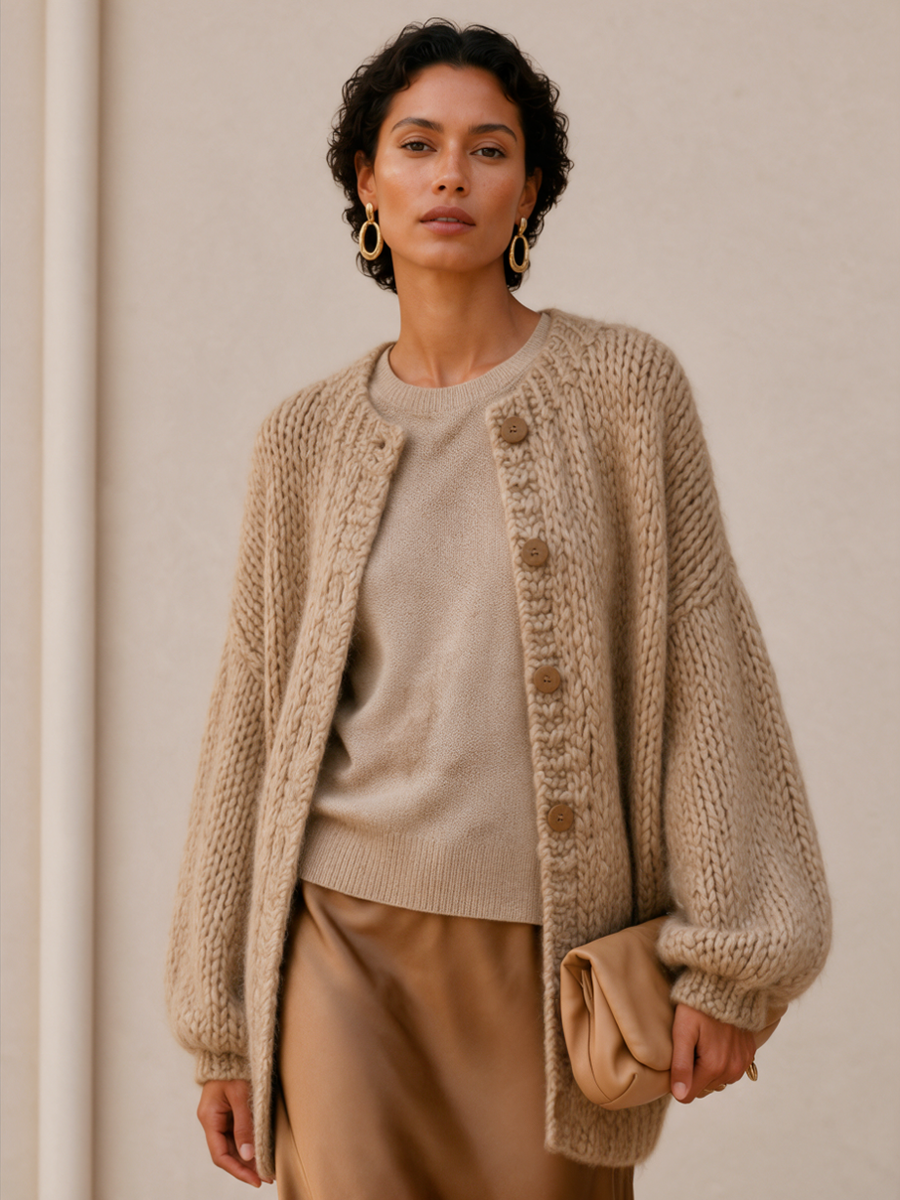Women's Button Detail Relaxed Knit Round Neck Cardigan MDZ0418I0GMJ