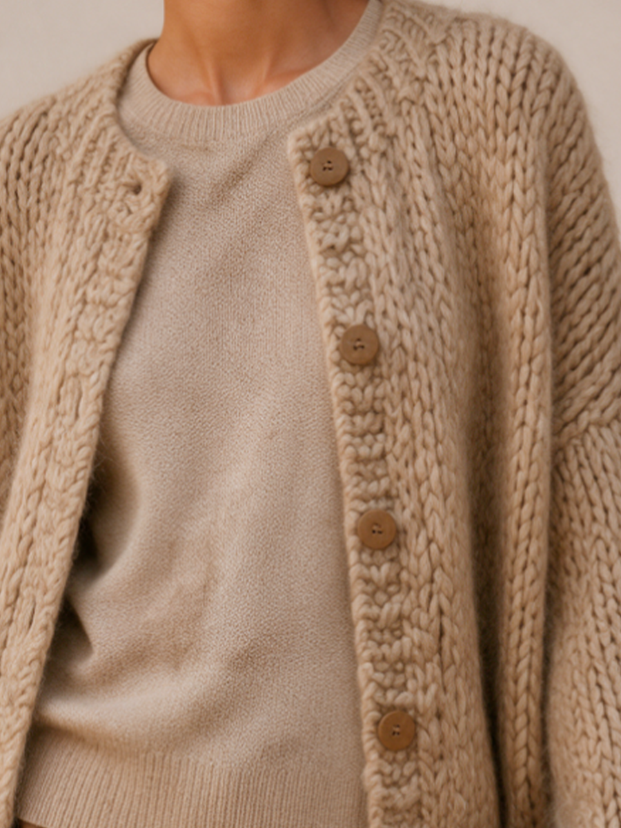 Women's Button Detail Relaxed Knit Round Neck Cardigan MDZ0418I0GMJ