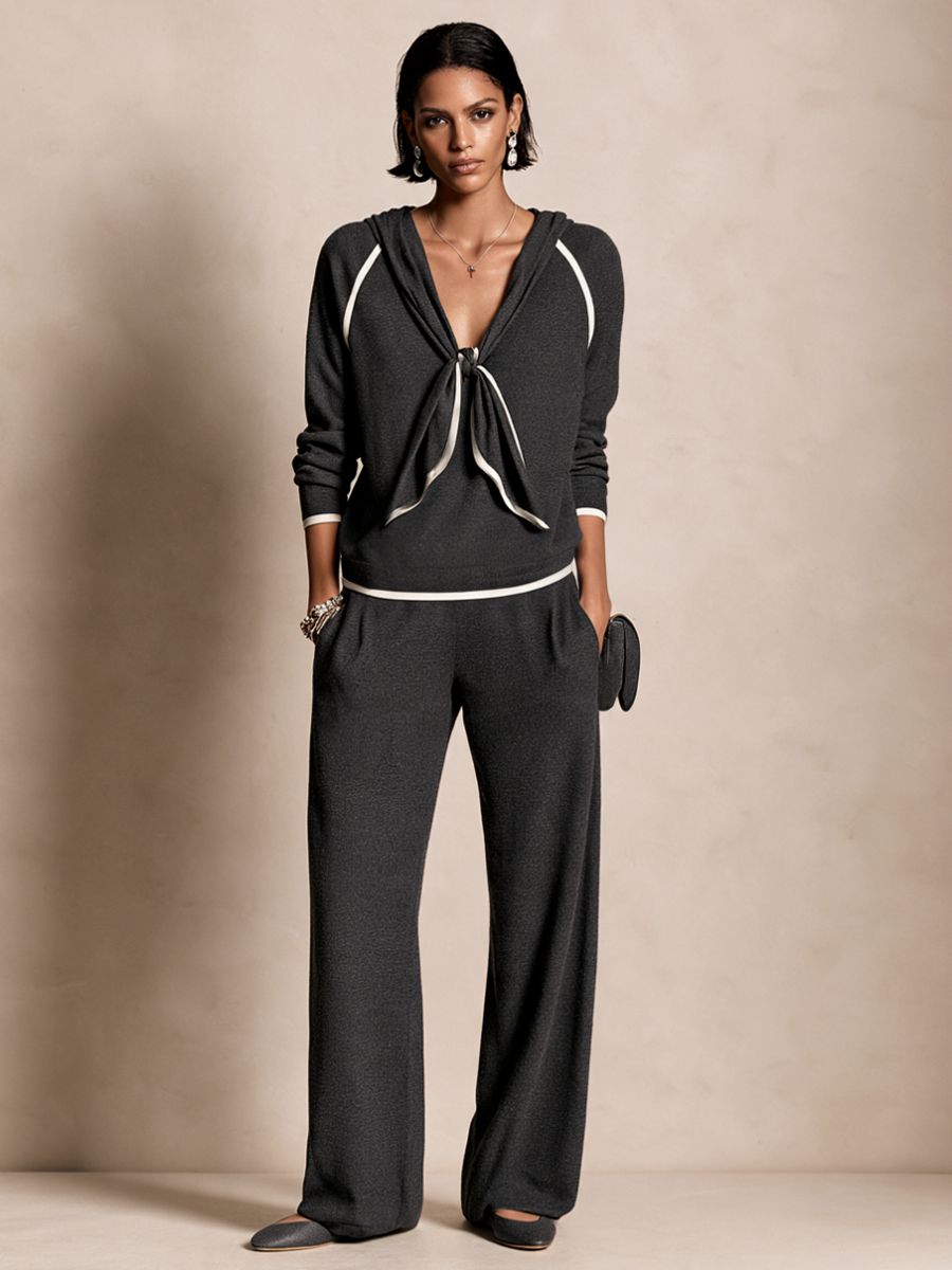 Women's Tie-Front Hooded Casual Wide-Leg Pants Set MDZ0421I4GMJ